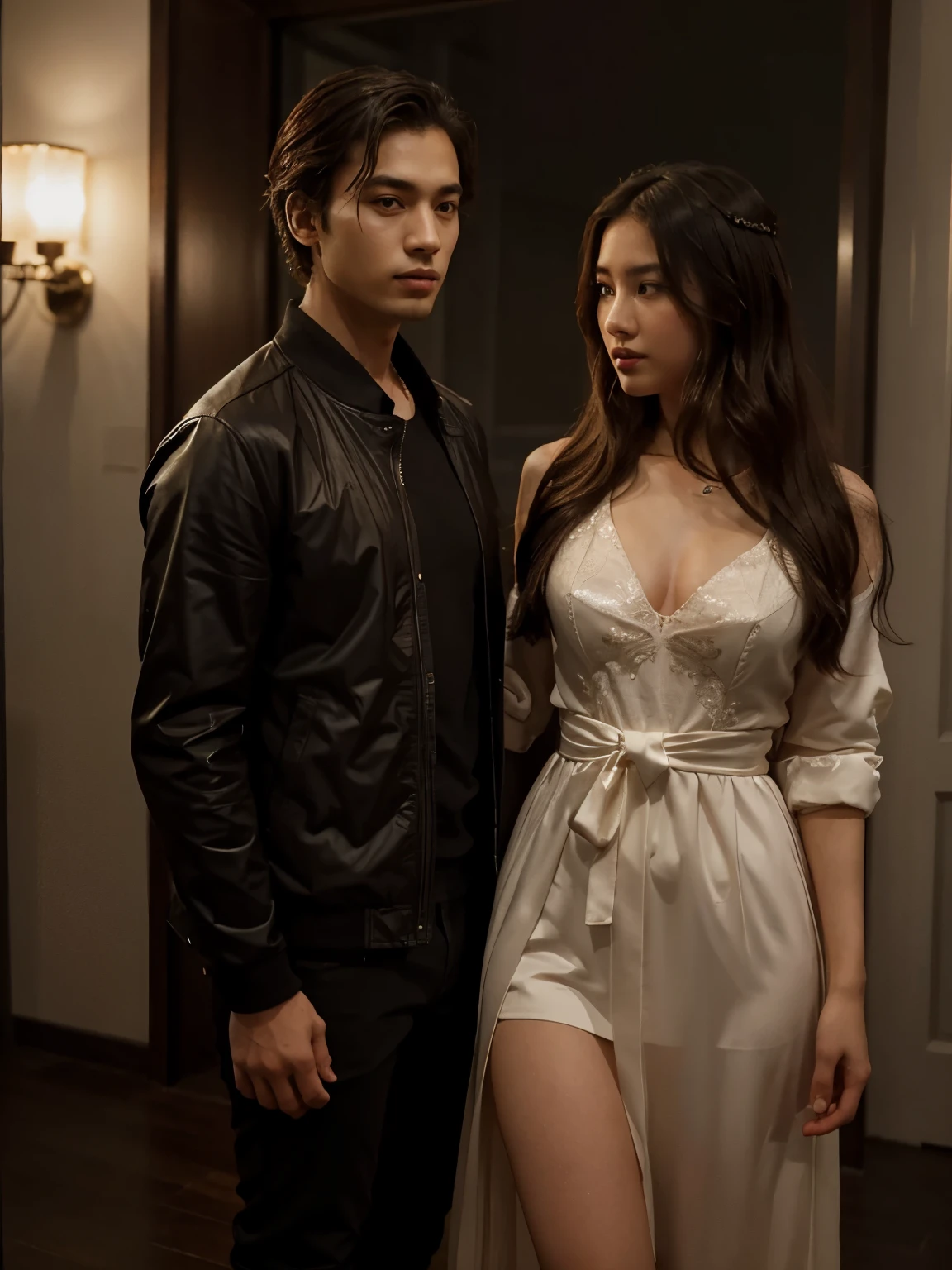 a man and a woman standing next to each other at a Party, an image, inspired by Adam Dario Keel, a jacket that is trending in the cg community, a beautiful young Korean woman wearing a long party dress, a screencap of the film, model elisajes from acquamodels