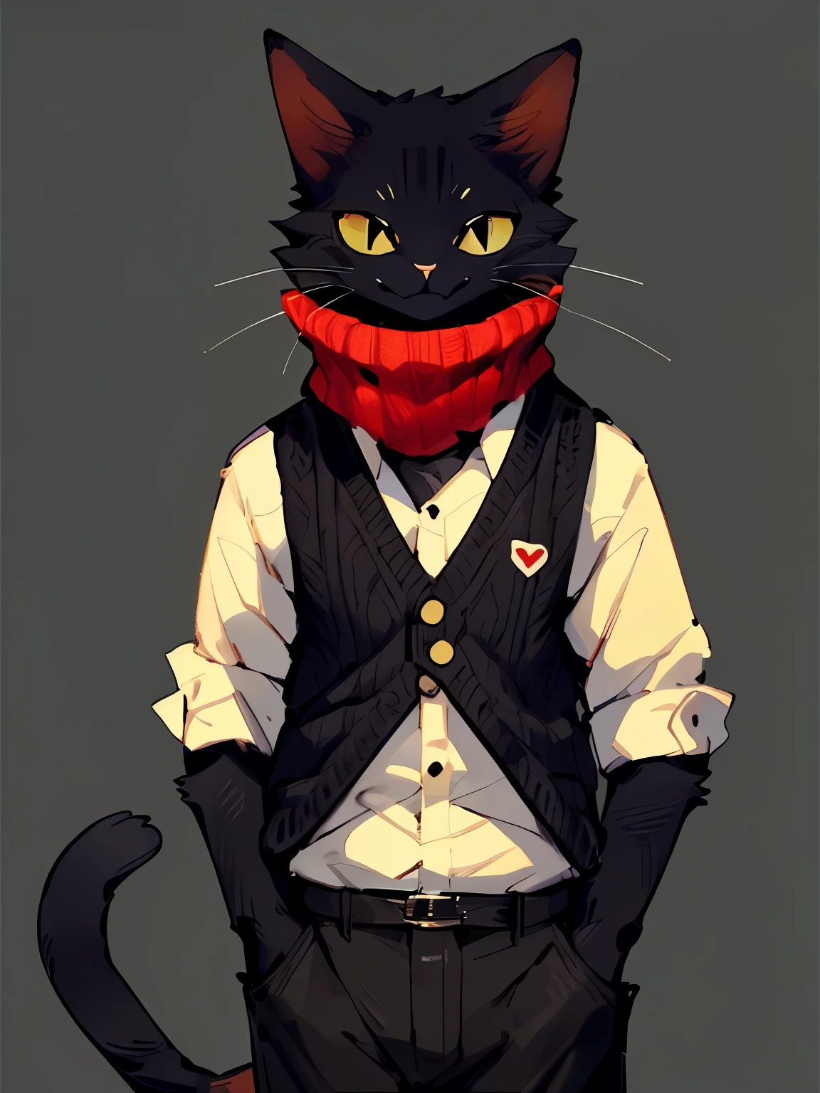 ((от bebebebebe, от zackary911, (guy cat :1.5). black fur, knitted vest and a shirt underneath, trousers, Best quality, Masterpiece, Ideal Anatomy, detailed, Slim, loving excitement