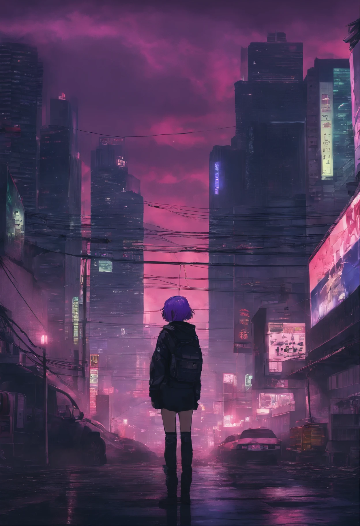 Close-up of the city with neon sunset in the background, Synthwave City, vaporwave city, Synthwave aesthetics, Neon City in the background, Background of Neo Tokyo, Neon metropolis in the background, Futuristic urban background, cyberpunk aesthetics, The city's backstory is cyberpunk, Purple Cyberpunk City, cyberpunk city background, cyberpunk aesthetics, cyberpunk atmosphere, Cyberpunk cityscape,anime clouds, Anime background, anime sky, in style of makoto shinkai, Beautiful puffy clouds. the anime, style of makoto shinkai, makoto sinkai!, beautiful anime scenery, based on Makoto Shinkai, Anime Landscape Wallpaper, makoto sinkai!!, Makoto Shinkai art style,japanaese girl,pale skin,beatiful face(purple hair)red jacket,Tokyo at night, with Cyberpunk style,Japanese streetwear,Tokyo Fashion,In a Cyberpunk 2 jacket 0 7 7,Full-length,attractive pose,Bottom view