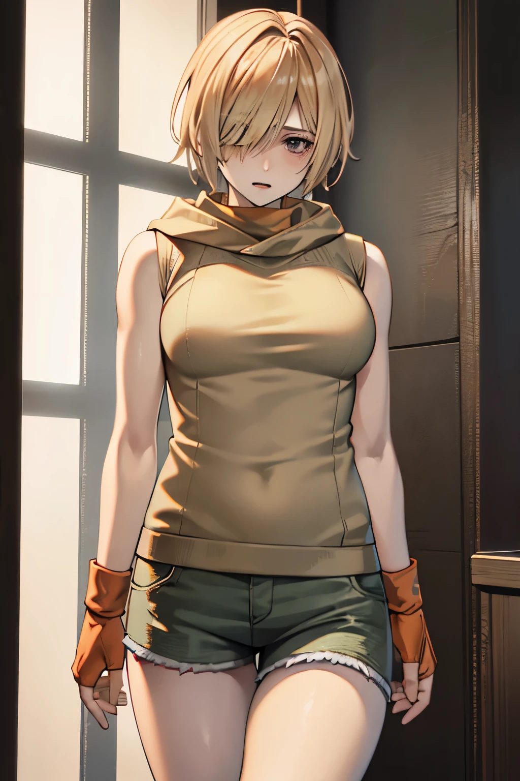 heather mason silent hill, blonde hair, layered with side swept bangds covering tight eye, His default outfit is a sleeveless orange turtleneck shirt under a white hooded vest, green shorts, 4k, masterpiece, 
