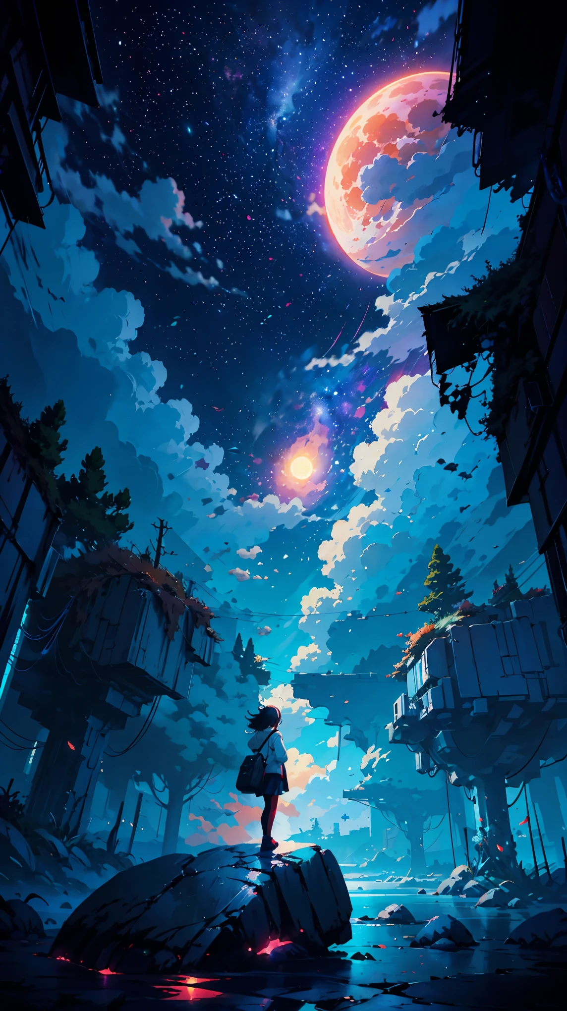 anime girl standing on a rock looking at a star filled sky, makoto shinkai cyril rolando, anime art wallpaper 4k, anime art wallpaper 4 k, anime art wallpaper 8 k, cosmic skies. by makoto shinkai, inspired by Cyril Rolando, in the style dan mumford artwork, amazing wallpaper, by Yuumei