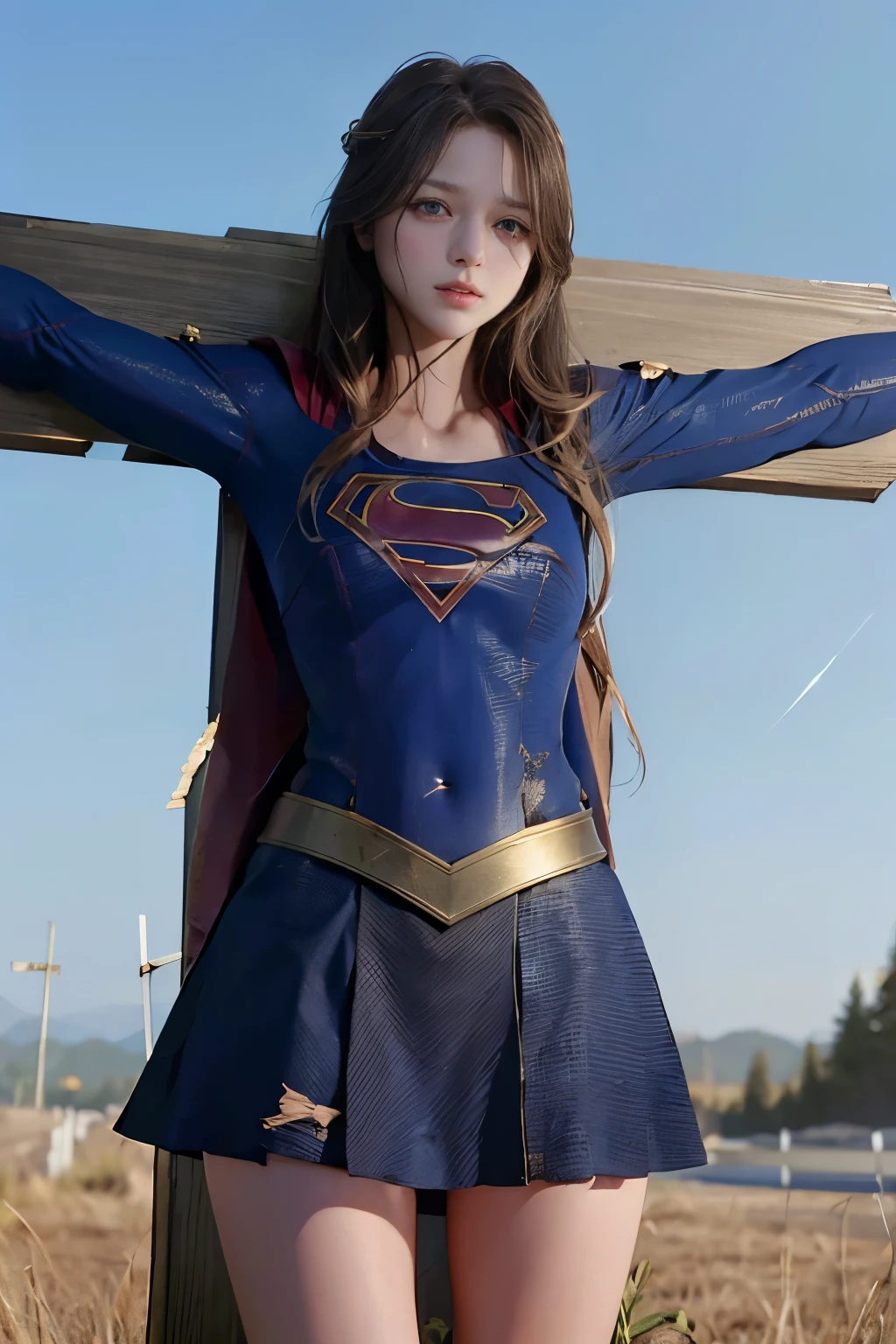 highest quality，masterpiece，UHD, Super detailed, 8K，(Beautiful woman)，一人のBeautiful woman，((crucifixion))，(cross)，(execution)，((incontinence))，scared，torture，slave，((crossにcrucifixionにされた女性：1.5)),crucifixion刑，(supergirl)，((torn costume))，(tattered clothes)，((Bruises on face and body))，defeat
