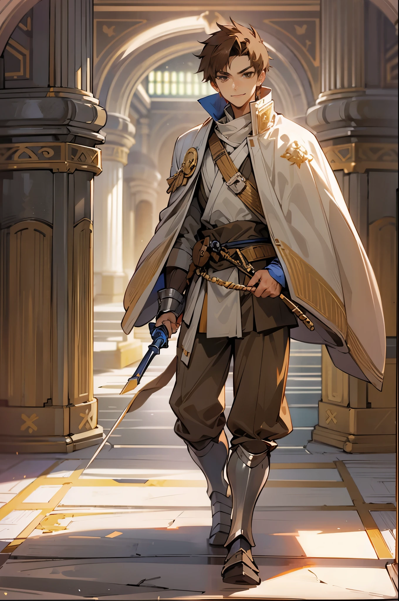 1male, Teen, Brown Hair, Short Hair, Hazel Eyes, Armored Clothing, Jedi Temple, Walking on Path, Smirk, Bright, Masterpiece Quality, Perfect Generation