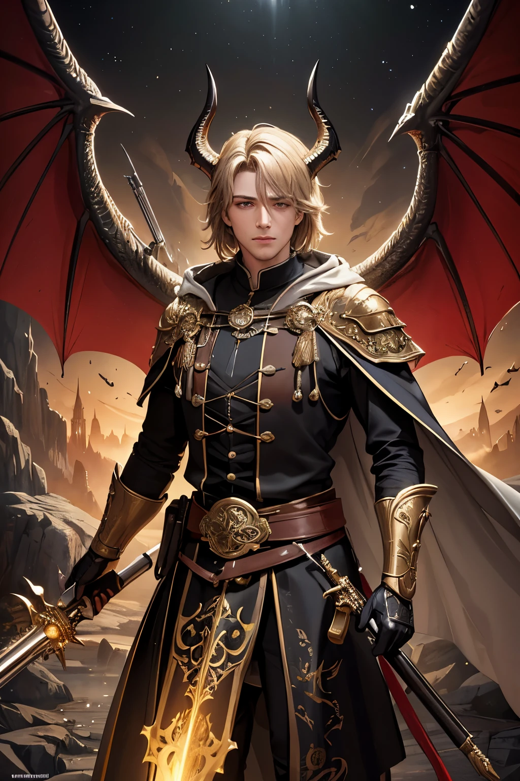 (masterpiece, best quality:1.3),extremely high detailed, intricate, 8k, HDR, wallpaper, cinematic lighting, (universe), 1male, (holding a magitech rifled musket), halth Dragon, glowing, medieval fantasy robes, glowing eyes, large Dragon wings, Dragon horns, some scales