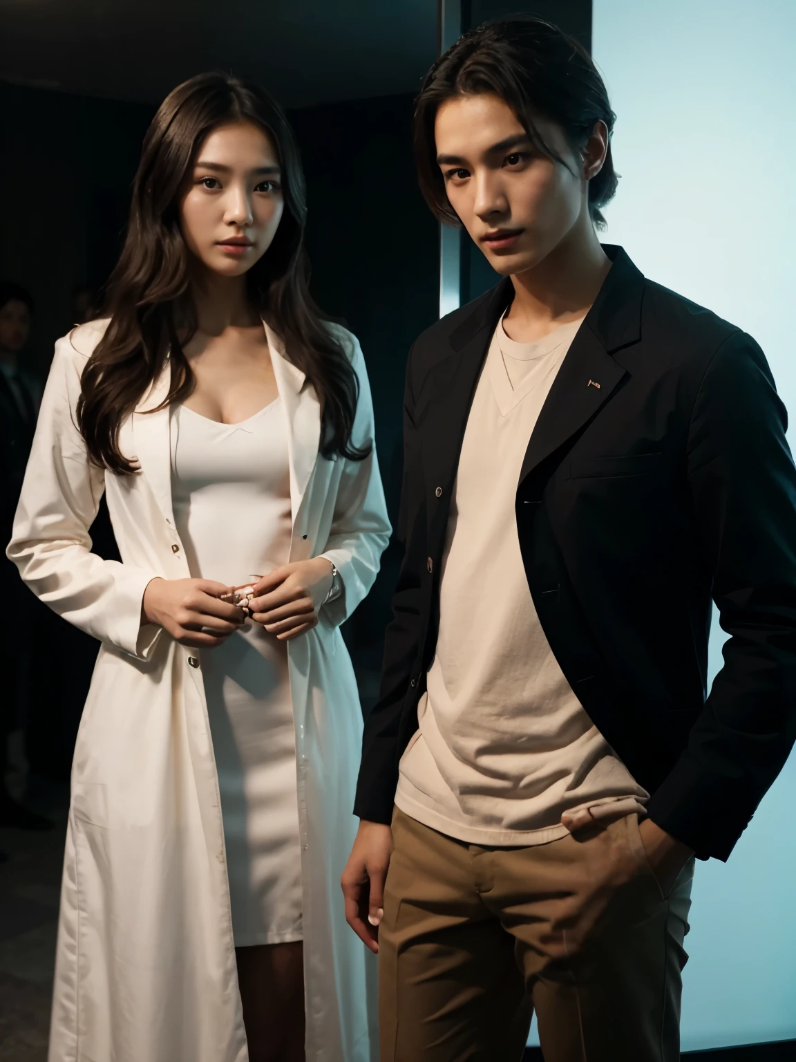 a man and a woman standing next to each other at a Party, an image, inspired by Adam Dario Keel, a jacket that is trending in the cg community, a beautiful young Korean woman wearing a long party dress, a screencap of the film, model elisajes from acquamodels