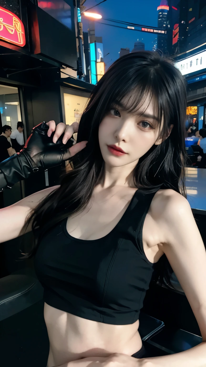 (highest quality)，masterpiece，Super detailed，8K, UHD，Beautiful woman，japanese woman，No expression，whole body，((tattoo))，slim，black slacks，white tank top，(female mafia)，gangster，(cyberpunk city)，night，cinematic lightening，underworld