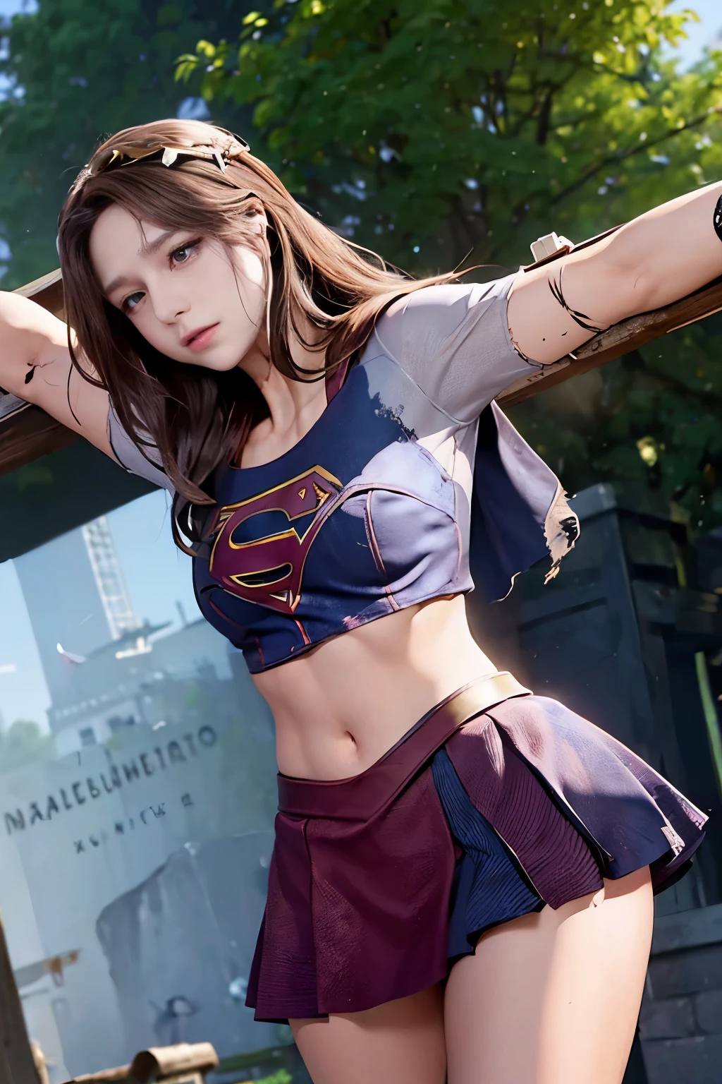 highest quality，masterpiece，UHD, Super detailed, 8K，(Beautiful woman)，一人のBeautiful woman，((crucifixion))，(cross)，(execution)，((incontinence))，scared，torture，slave，((crossにcrucifixionにされた女性：1.5)),crucifixion刑，(supergirl)，((torn costume))，(tattered clothes)，((Bruises on face and body))，defeat