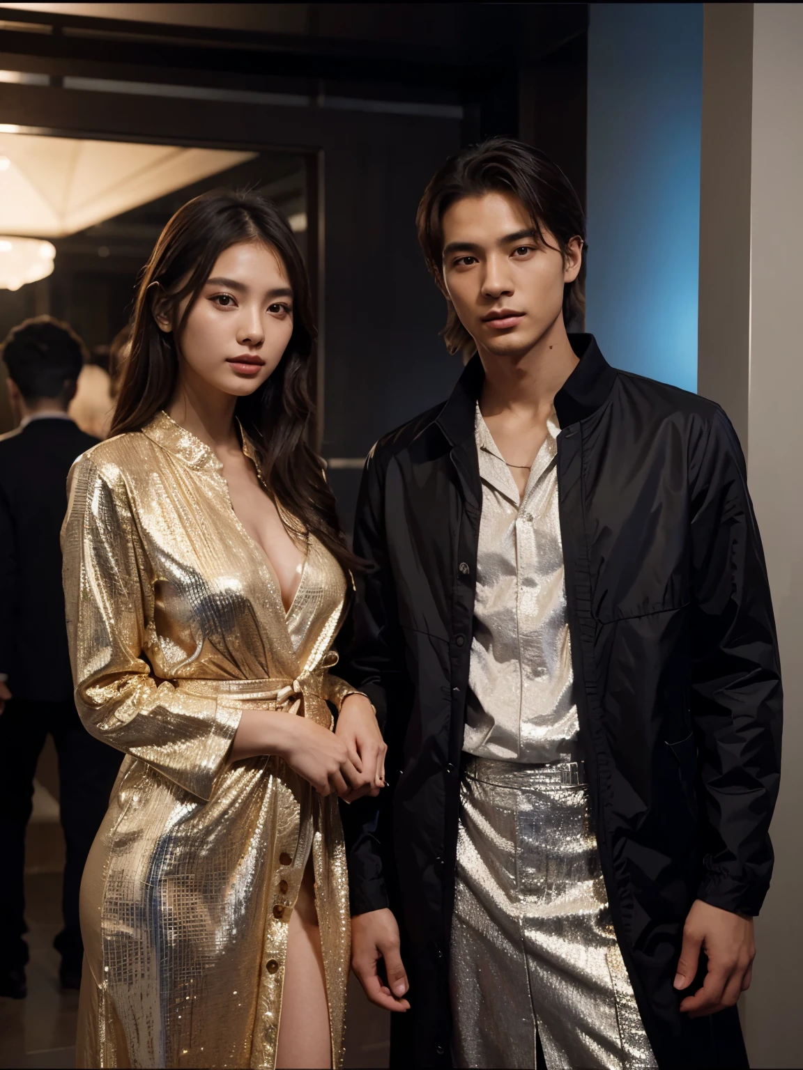 a man and a woman standing next to each other at a Party, an image, inspired by Adam Dario Keel, a jacket that is trending in the cg community, a beautiful young Korean woman wearing a long party dress, a screencap of the film, model elisajes from acquamodels