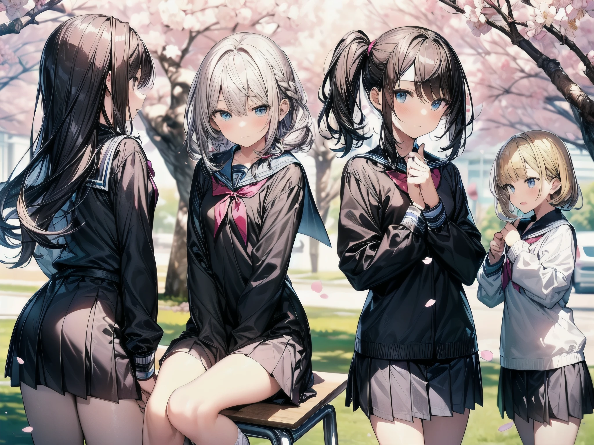 ((Note that every character's face, hair color, and hairstyle is different, so create with care.) The school uniforms are the same for everyone.:1.5), BREAK (Please create a scene where a high school boy is being confessed to by four middle school girls at the same time. The high school boy is shown from the back, his expression a mix of embarrassment and confusion. He stands in the schoolyard, with blooming cherry blossom trees behind him, and the spring sunshine and falling cherry blossom petals enveloping his head. The four middle school girls are all looking at the high school boy with eyes full of love and expectation. They each have different hairstyles and hair colors, emphasizing their individuality. One has long black hair, another has short blonde hair, another has brown bobbed hair, and the last one has red twin-tails. The scene is depicted in a high-quality, highly detailed Japanese anime style, with meticulous attention to the details of the background, the expressions of the characters, their outfits, and so on. In particular, please emphasize the high school boy's confusion and shyness, the courage and anticipation of the middle school girls' confessions, and the individuality and beauty of each girl.:1.4), (Wearing Long-sleeved school uniforms:1.35), BREAK, (highly detail face), kawaii, bishoujo, (), shiny white skin, transparent skin, Beautiful realistic skin texture, (symmetrical eyes, highly beautiful detailed eyes:1.2), big eyes, (light makeup, blush, glossy lips, pink lips:0.7), perfect fingers, nice hands, perfect hands, nice legs, nice feet, (anatomically correct, perfect anatomy), 4 fingers, 1 thumb, 2arns, (2 legs:0.6), BREAK (depth of field;1.2), (highly detailed backgraound:1.3), BREAK (Draw with delicate and soft lines), (8k, UHD, best quality:1.2), (High resolution, ultra realistic details), Originality, Attention to detail,
