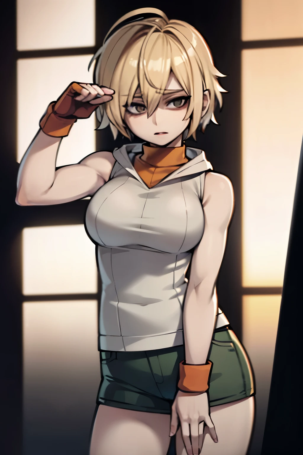 heather mason silent hill, blonde hair, layered with side swept bangds covering tight eye, His default outfit is a sleeveless orange turtleneck shirt under a white hooded vest, green shorts, 4k, masterpiece,
