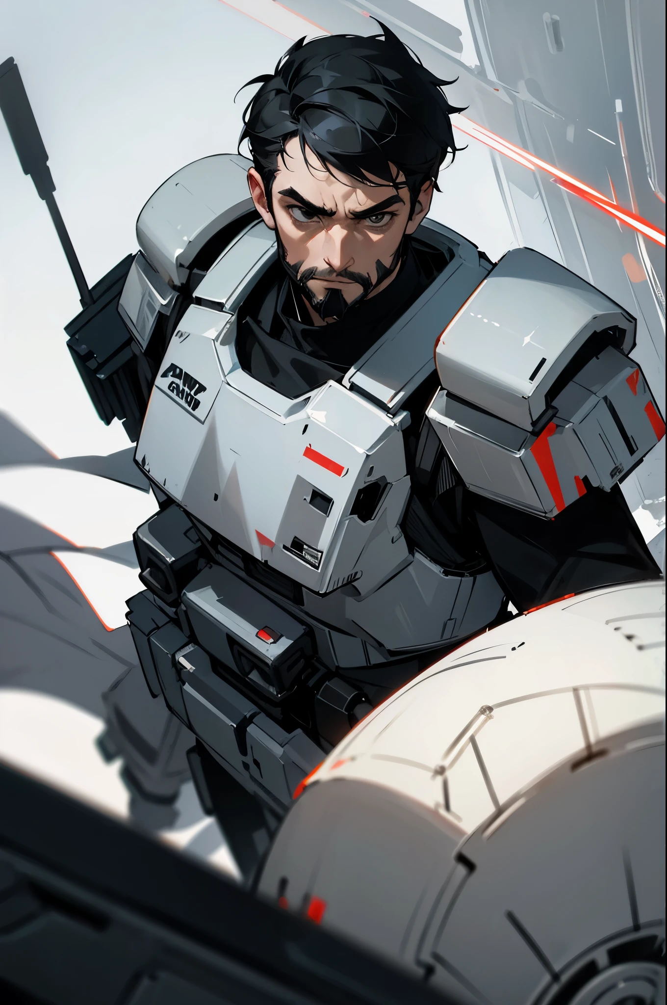 star wars,short hair , black eyes , charcoal black hair, serious expression, storm trooper armor,young male, facial hair, red helmet
