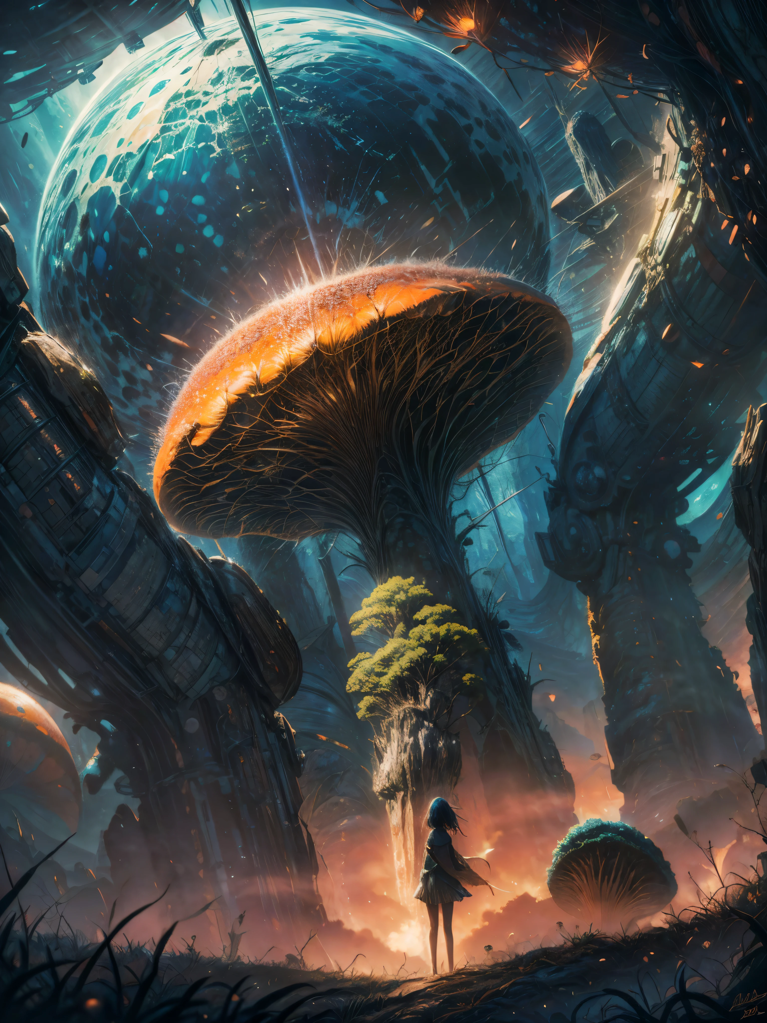 (Best quality, 16 thousand., 8K, A high resolution, Masterpiece:1.2), ultra detailed, Realistic, Bright colors, sharp focus, HDR, Accurate, anime style, Orange & Blue, Alien Planet, a tropical forest, Huge mushrooms, Alien Plants, anaglyph. This tip allows you to get high-quality、Real and detailed、colorful、A high resolution、Realistic artistic graphics，Showcasing a a tropical forest landscape on a bizarre Alien Planet。This planet is filled with giant mushrooms and mysterious Alien Plants，colorful多样。The screen adopts traditional animation style.，Make the whole picture more alive。Main colors are Orange & Blue，The combination of the crib with a dark background creates a feeling of mystery.。By adding HDR effects and sharp focus，Highlight the details of the drawing，Make the whole painting look more Realistic。