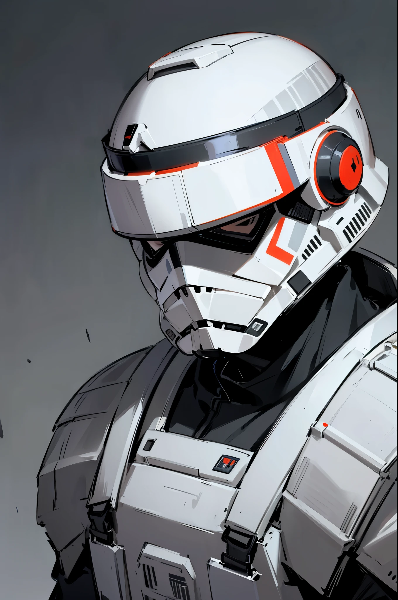 star wars,short hair , black eyes , charcoal black hair, serious expression, storm trooper armor,young male, facial hair, red helmet