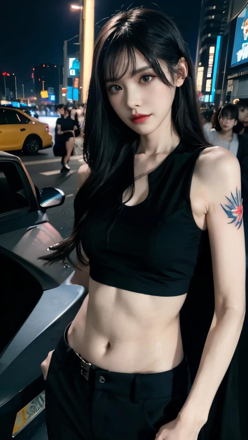 (highest quality)，masterpiece，Super detailed，8K, UHD，Beautiful woman，japanese woman，No expression，whole body，((tattoo))，slim，black slacks，white tank top，(female mafia)，gangster，(cyberpunk city)，night，cinematic lightening，underworld