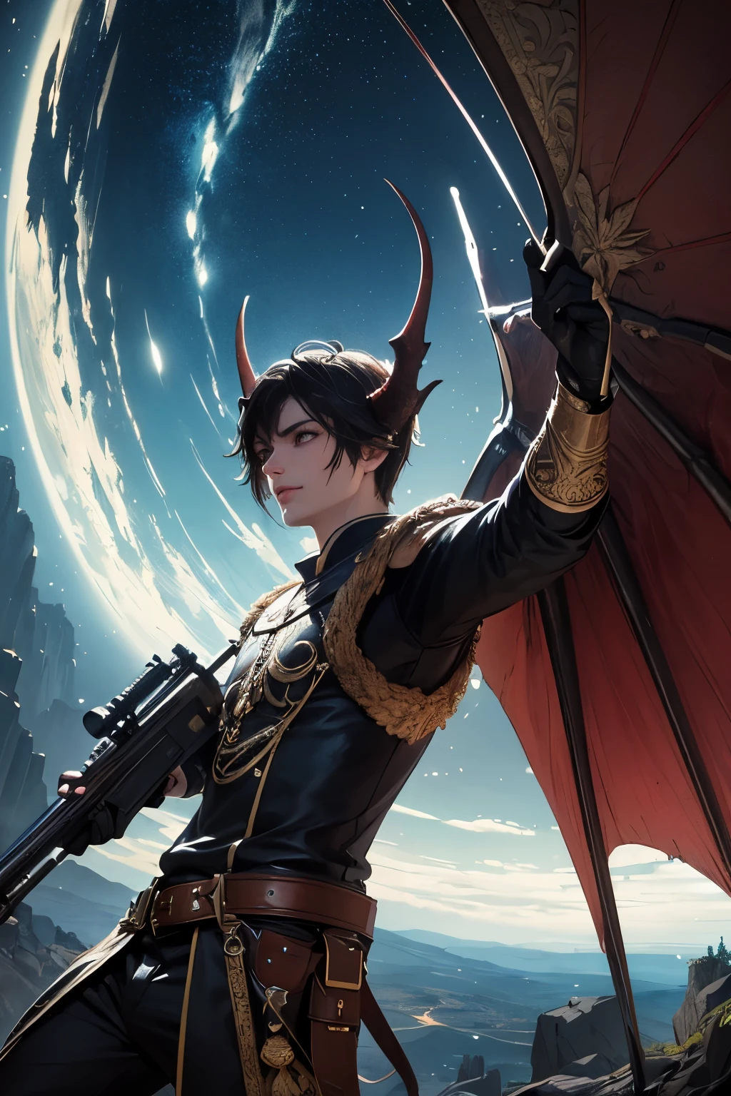 (masterpiece, best quality:1.3),extremely high detailed, intricate, 8k, HDR, wallpaper, cinematic lighting, (universe), 1male, (holding a magitech rifled musket:1.3), halth Dragon, glowing, medieval fantasy robes, glowing eyes, large Dragon wings, Dragon horns, some scales