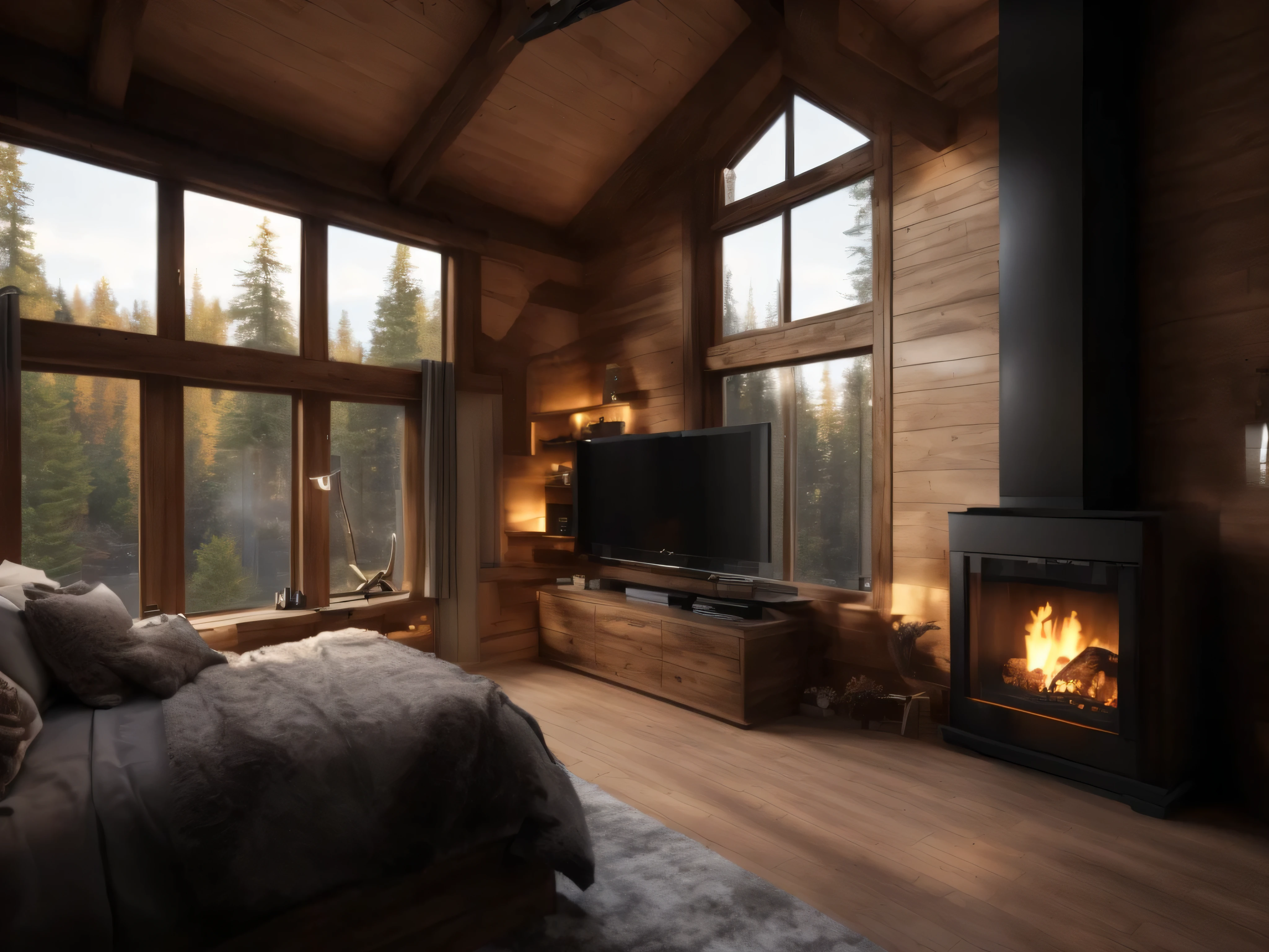 arafed bedroom with a fireplace and a large window, unreal 5 engine highlly render, warm interior, unreal engine realistic render, unreal 5 engine rendered, rendered in unreal 5, rendered in corona, vray 8k render, 4 k unreal engine renders, 4k unreal engine renders, luxurious wooden cottage, in a cabin, inside of a cabin