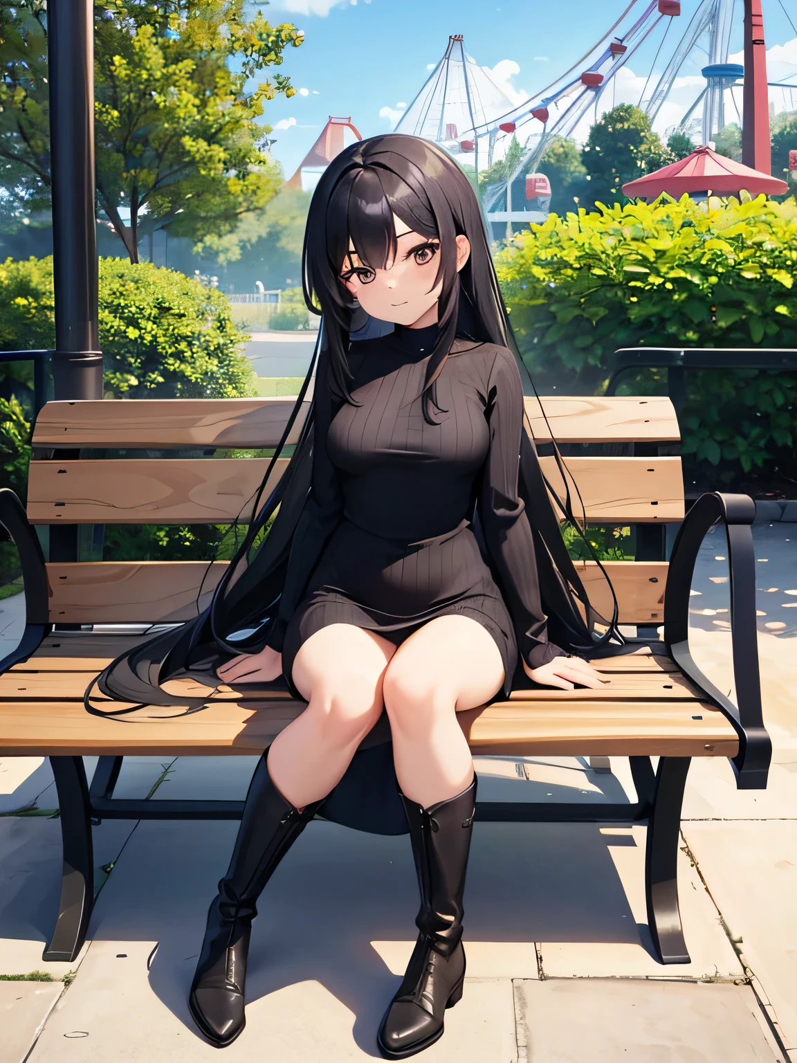 (1) A woman with long black hair is wearing a tight mini-knit dress.
(2) she wears long boots.
(3) 31 years old, Adult-like atmosphere.
(4) Amusement park bench at noon.
