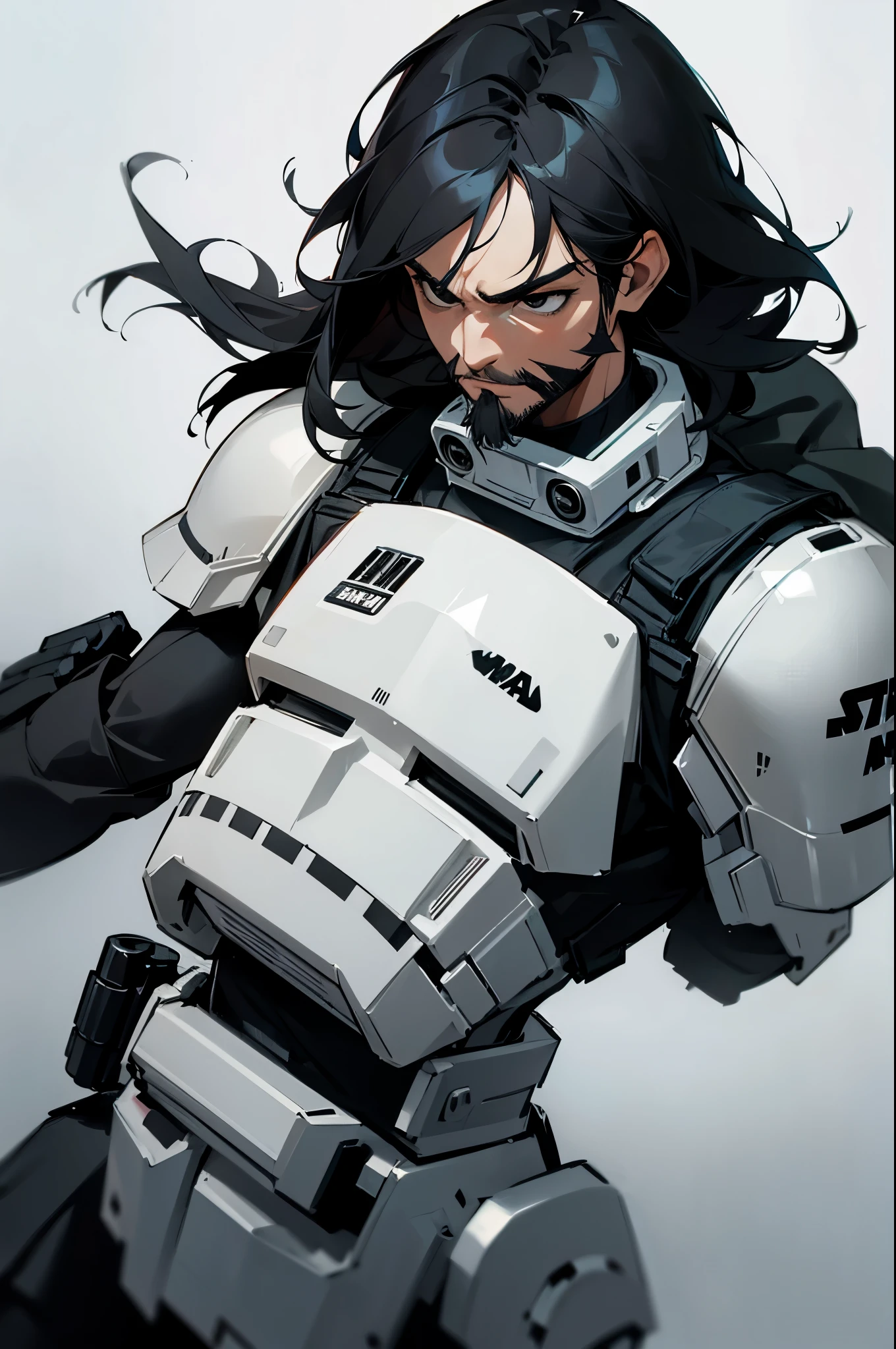 star wars, medium length hair , black eyes , charcoal black hair, serious expression, storm trooper armor,young male, facial hair,