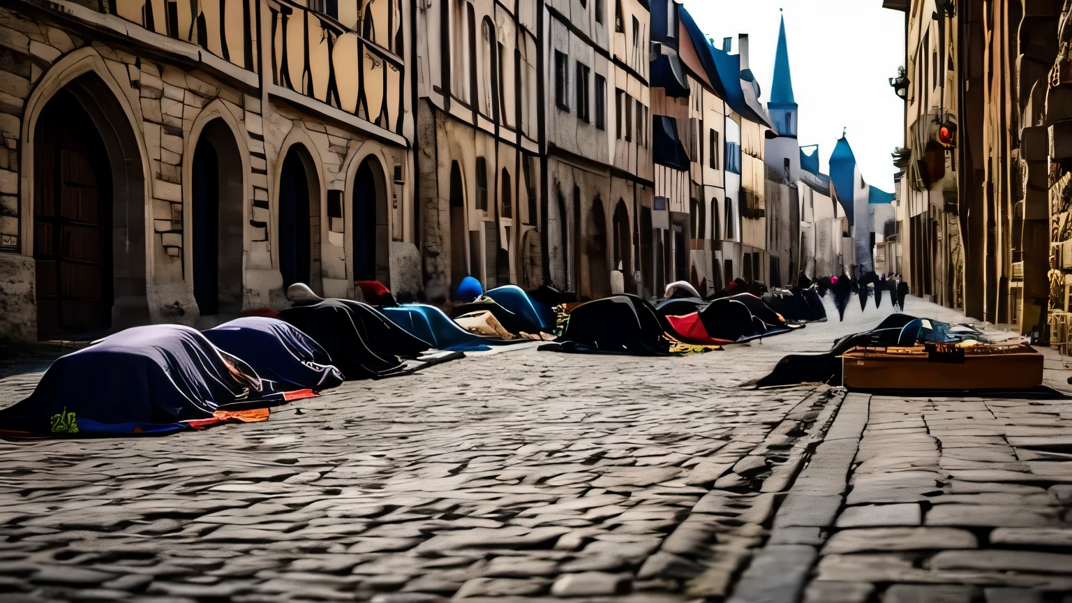 Human corpses in European streets in the Middle Ages of the year 1450 due to the plague