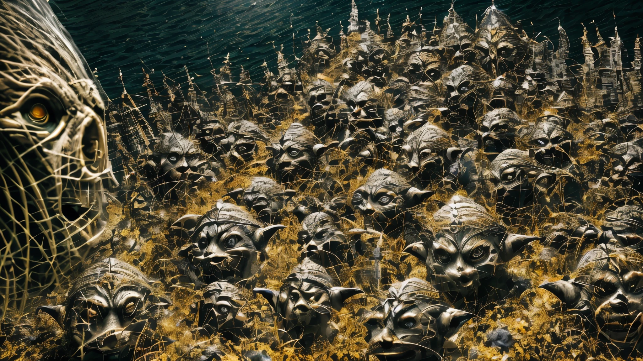 (master piece), 8k, best quality, panoramic view, Goblins, verdes, caramelados, olhos pretos e maliciosos, maldosos, orelhas pontiagudas enormes, dentes afiados, carecas, entre 1metro e 1,20cm de altura,