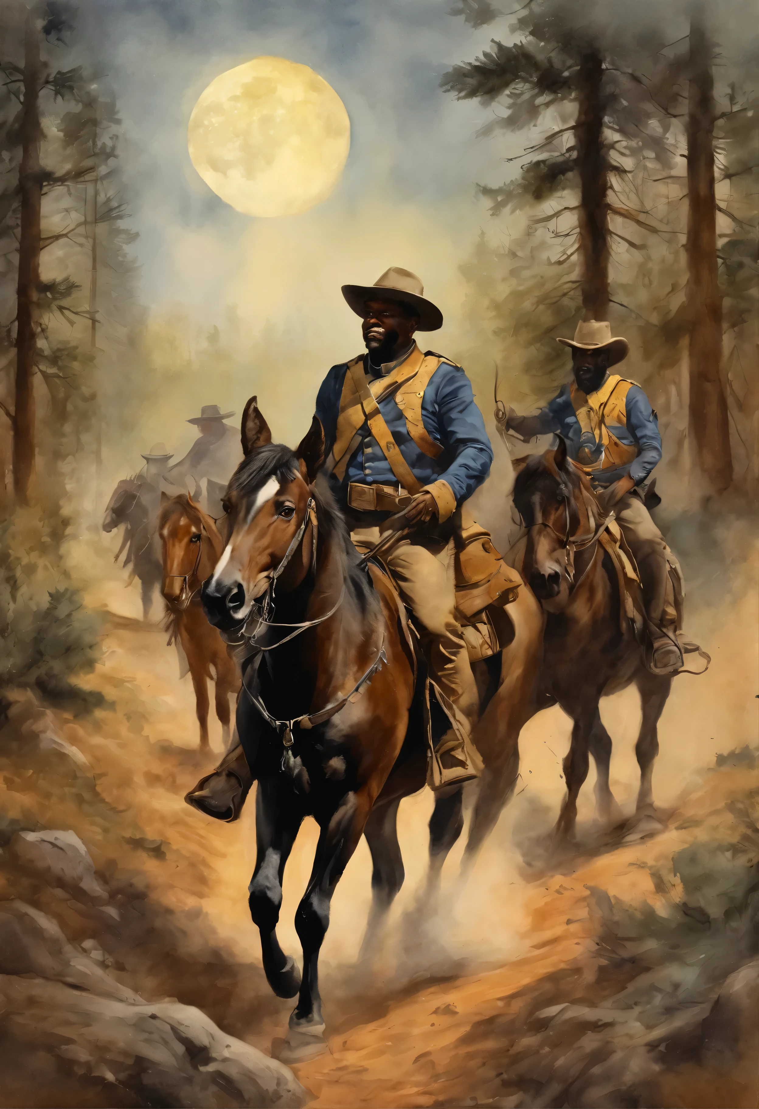 Buffalo soldiers riding horses in war in a forest with their dogs of war besides them, Western-style comics, lonely rider, director: Cindy Wright, Space West, Moon Walker photo