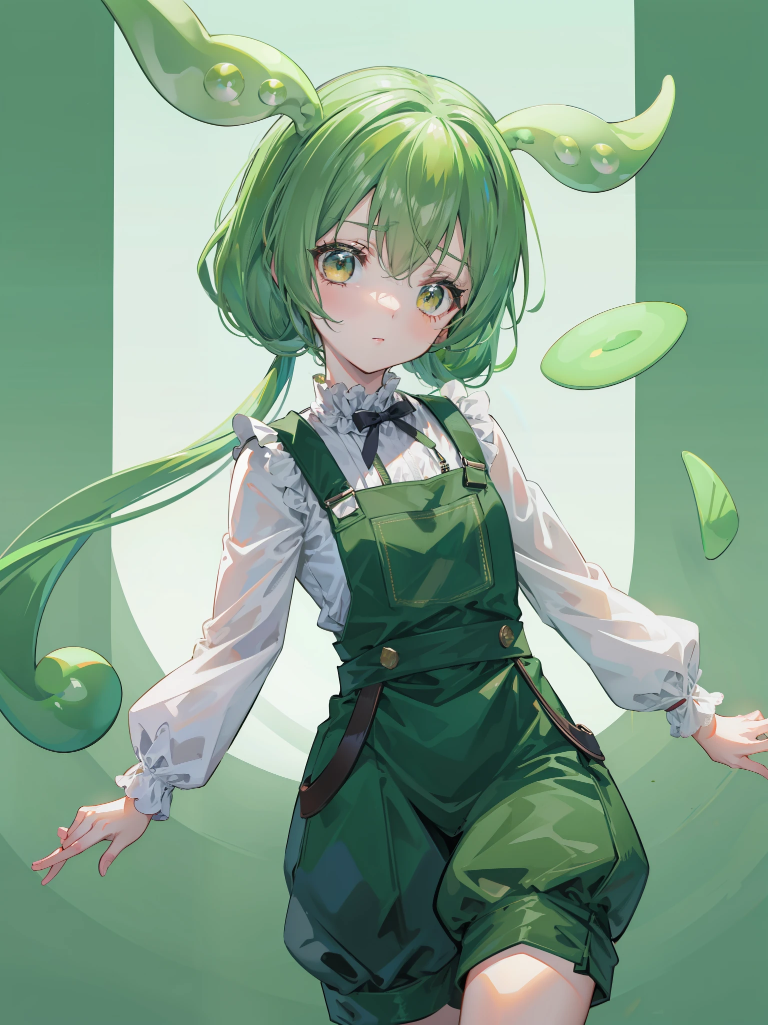 {{highest quality}}, {{masterpiece}}, {{super detailed}}, {figure}, {detailed light}, dark green hair,eyes are yellow,white shirt,green overalls,6 fingers on hand,twin tails,cute