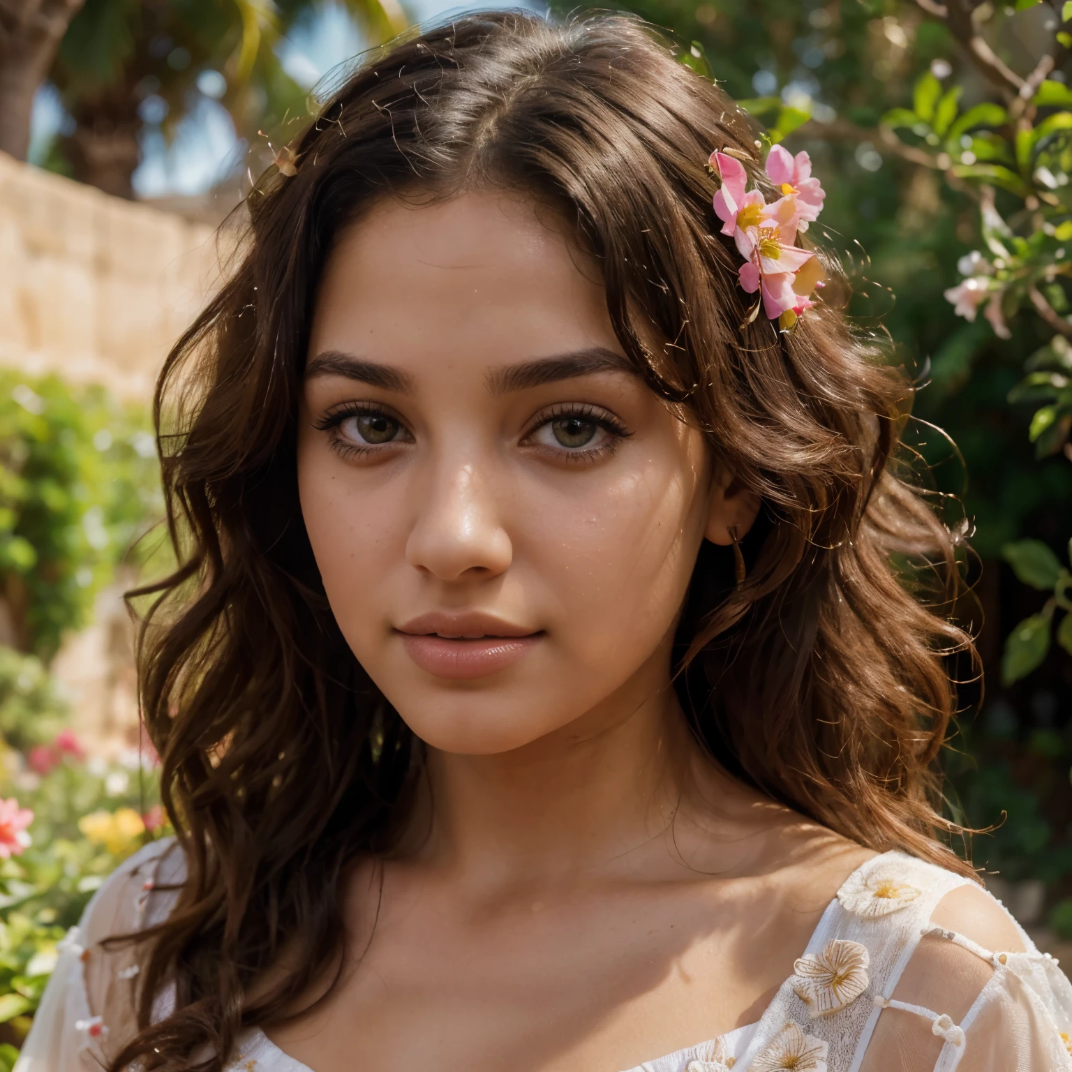 (best quality,highres,ultra-detailed),(realistic:1.37),portrait,curly hair,morrocan girl,detailed eyes,detailed lips,long eyelashes,perfect face,sunlit garden,flower blossoms,colored dress,confident posture,vivid colors,soft lighting