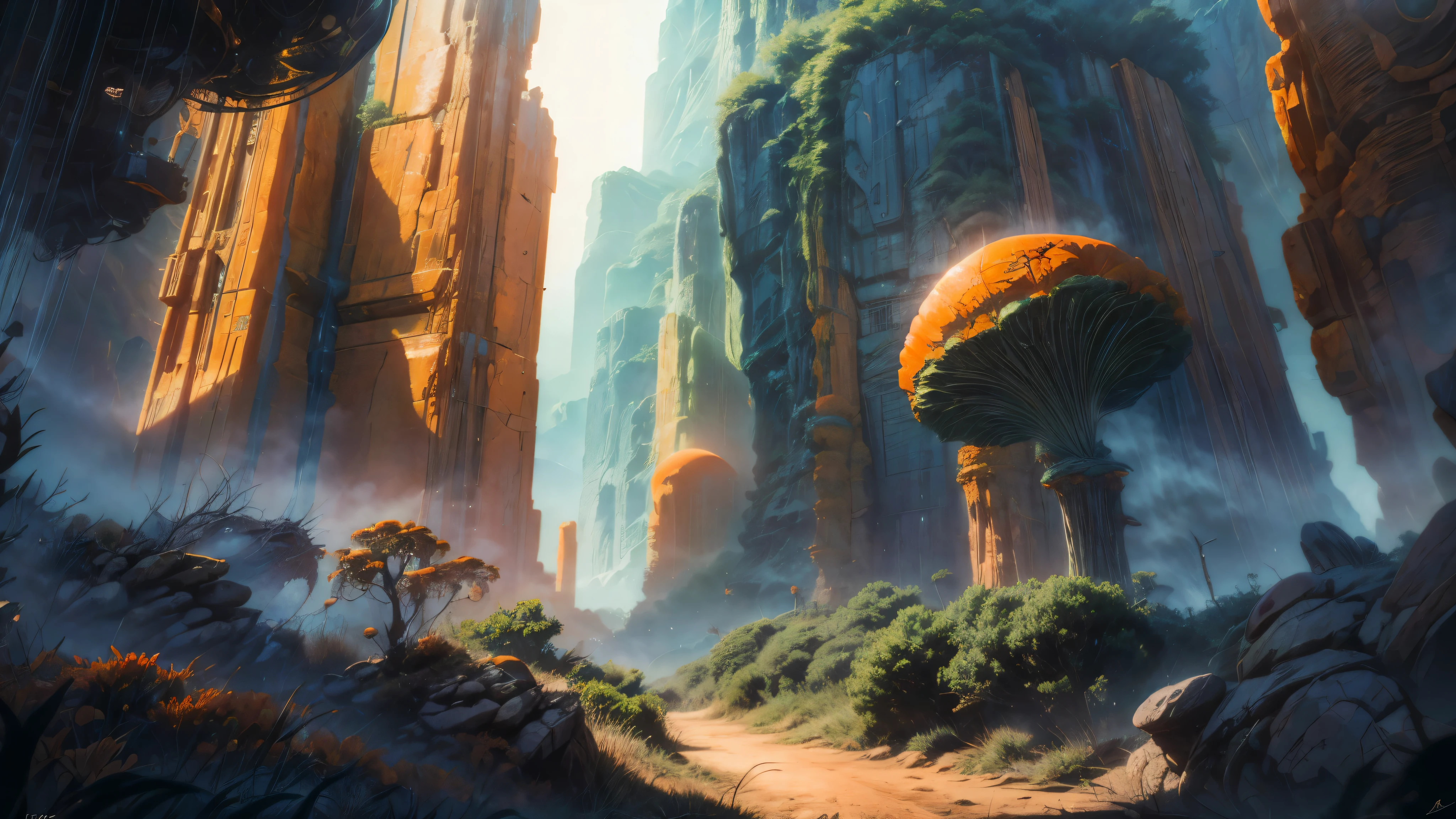 orange, blue, landscape, Science fiction, Alien Planet, a tropical forest, Huge mushrooms, Alien Plants, anime style, anaglyph, Best quality, A high resolution, 16 thousand., 8K, Super detail, Accurate, Masterpiece, Accurate