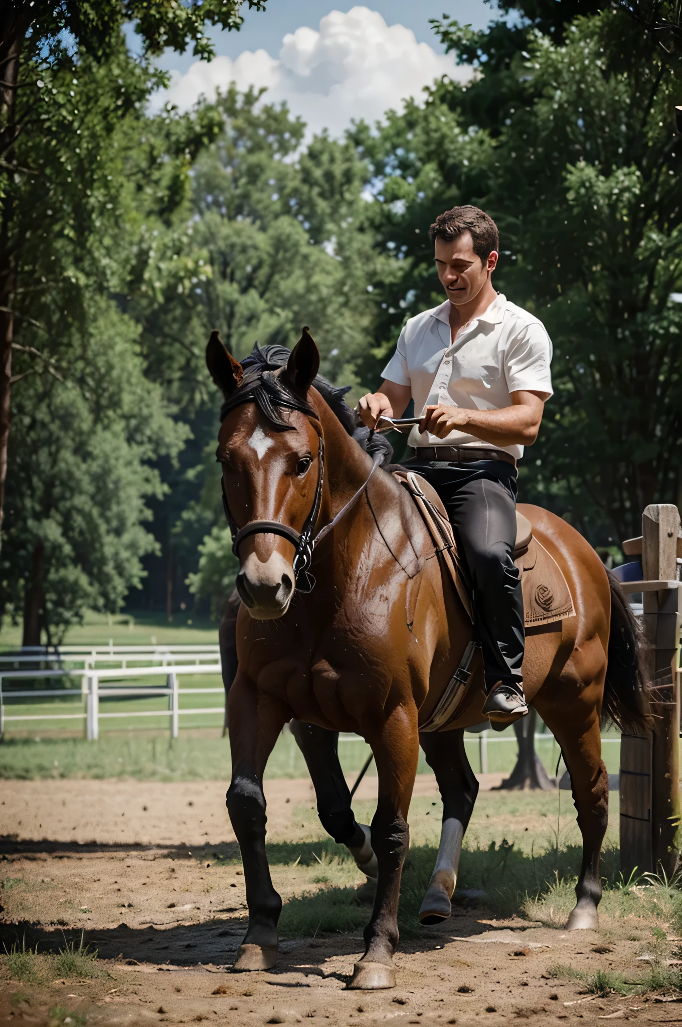 generate image of the men Hoof cleaning a horse and make it for profile Facebook