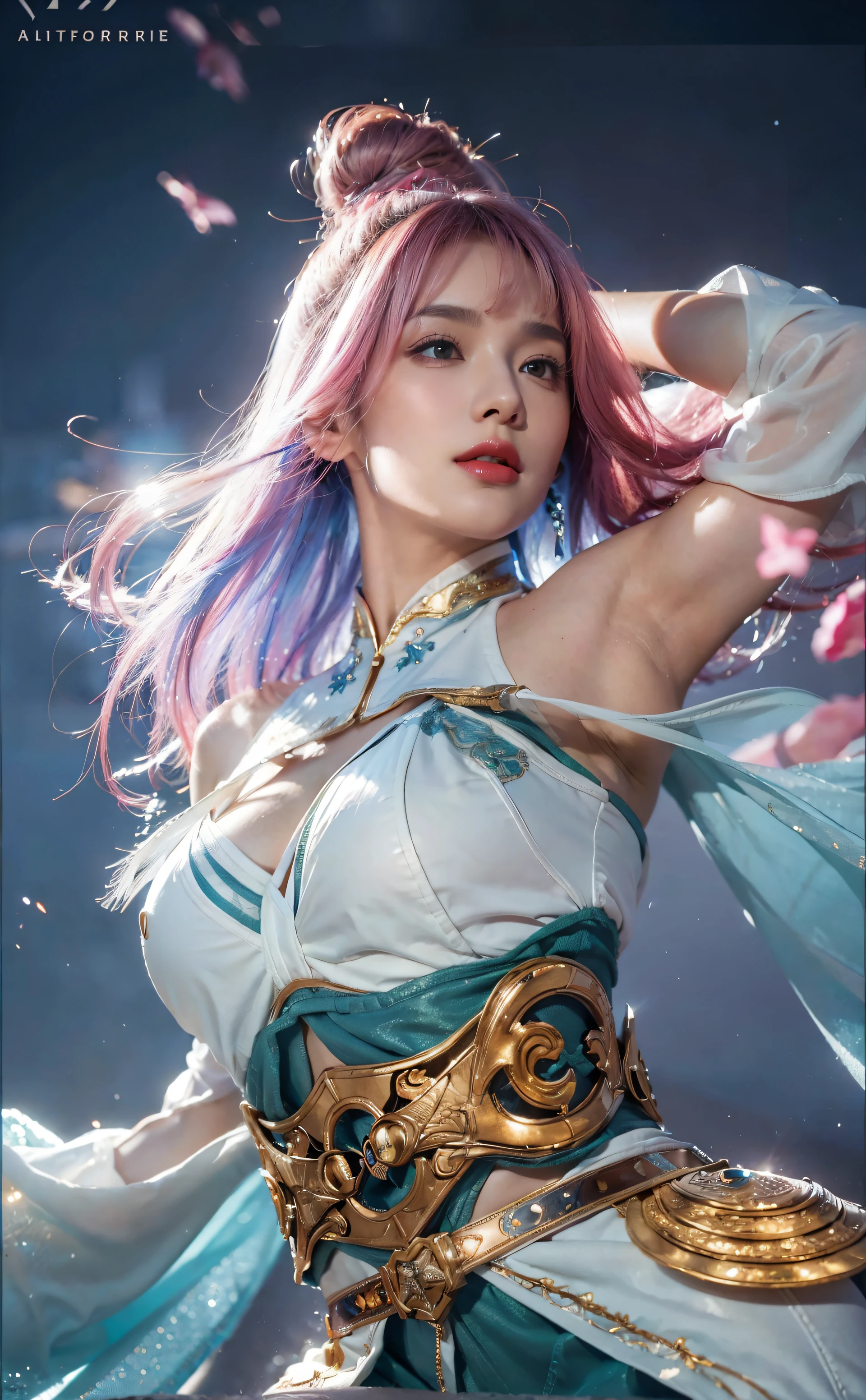 (female:1.2), 8k, ultra hd, ultra detailed texture, hyper realistic, masterpiece, detailed texture, detailed face, detailed skin, detailed lighting, (photorealistic:1.5), best quality, beautiful lighting, cinematic lighting, professional lighting, ultra highres, realistic, detailed hair, real hair, high quality, (realskin:1.5), extremely detailed, finely detail, ultra-detailed, 1girl, solo, v-shaped eyebrow, red lips, parted lips, smile, white skin, nose, pretty, beautiful, cute face, short hair, pink hair, side bangs, large breasts, armpit, navel, stomach, thigh, bare shoulder, depth of field, skin tight, amazing pose, glowing, blurry background, seductive pose