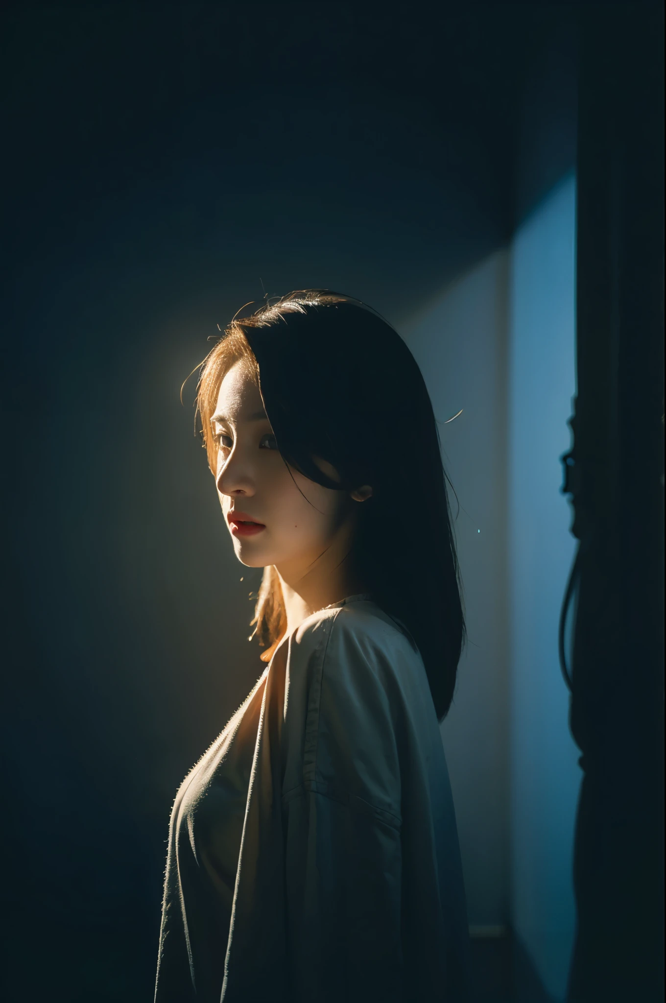 A woman standing in a dark room with a light shining on her face ...