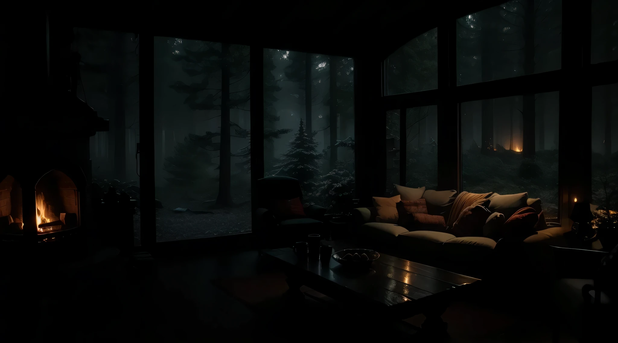 cozy living room with fireplace at night on the edge of the foggy forest