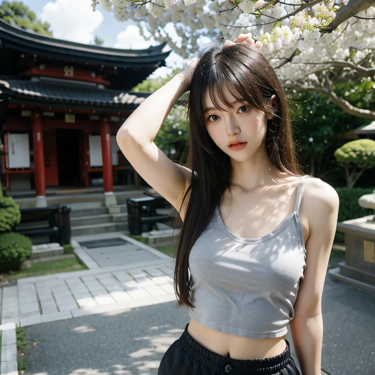 1 girl, black hair, long straight hair, smooth, tank top, shorts, collarbone, armpit, Japanese shrine, cherry tree, sky
