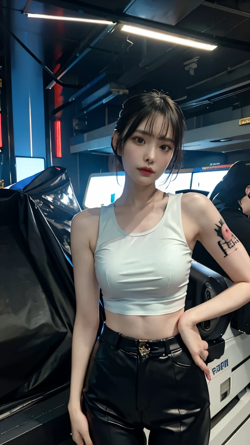 (highest quality),masterpiece,Super detailed,8K, UHD,Beautiful woman,japanese woman,No expression,whole body,((tattoo)),slim,black slacks,white tank top,(female mafia),gangster,(cyberpunk city),night,cinematic lightening,underworld