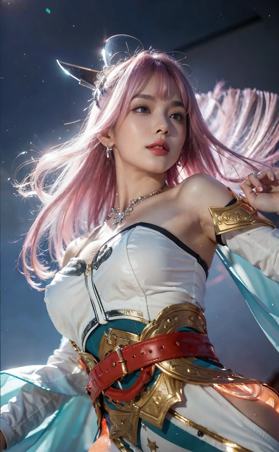 (female:1.2), 8k, ultra hd, ultra detailed texture, hyper realistic, masterpiece, detailed texture, detailed face, detailed skin, detailed lighting, (photorealistic:1.5), best quality, beautiful lighting, cinematic lighting, professional lighting, ultra highres, realistic, detailed hair, real hair, high quality, (realskin:1.5), extremely detailed, finely detail, ultra-detailed, 1girl, solo, v-shaped eyebrow, red lips, parted lips, smile, white skin, nose, pretty, beautiful, cute face, short hair, pink hair, side bangs, large breasts, armpit, navel, stomach, thigh, bare shoulder, depth of field, skin tight, amazing pose, glowing, blurry background, seductive pose