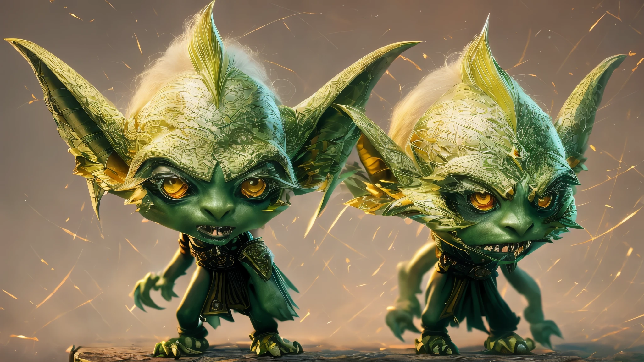 (master piece), 8k, best quality, panoramic view, Goblins, green, caramel, black and malicious eyes, evil, huge pointed ears, sharp teeth, bald, between 1 meter and 1.20 cm tall,