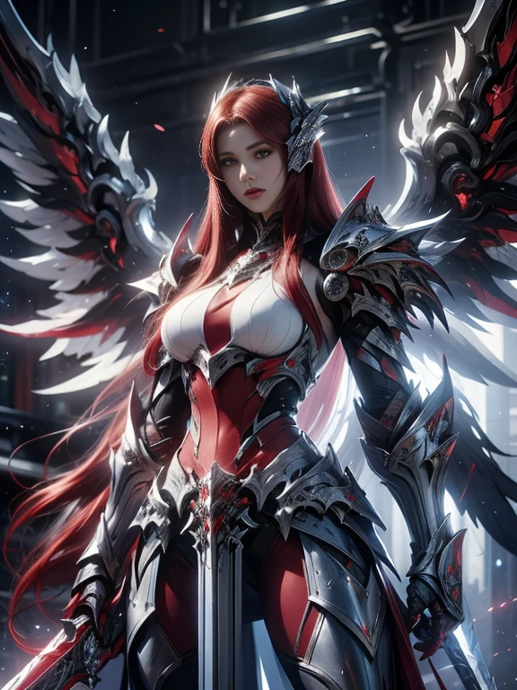 Character design, 1 girl,, slim body, medium chest, skinny waist, ((long deep red hair)). blue eyes. (((blue fantasy a female knight in a blue full armor))), (((big pauldrons, intricate details))), (((large armor wings))), (((advanced weapon fantasy plasma sword in right hand))), (standing), plain gray background, masterpiece, HD high quality, 8K ultra high definition, ultra definition,
