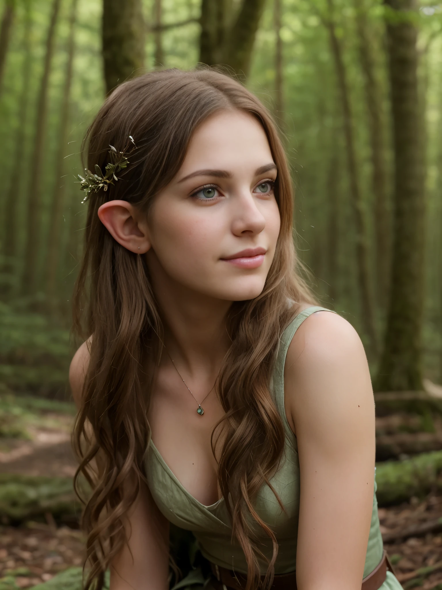 (Realistic:1.4), 18 years old elf archer in the forest, pale curly disheveled hair, delicate features of a thin face, cute sexy, Fantasy style , 8K, proffesional photography, Hi-Def, lifelike skin, Without cosmetics, Incredibly fair skin, background of the Middle Ages, Rocky Creek, The sun shines its rays through the treetops, bokeh