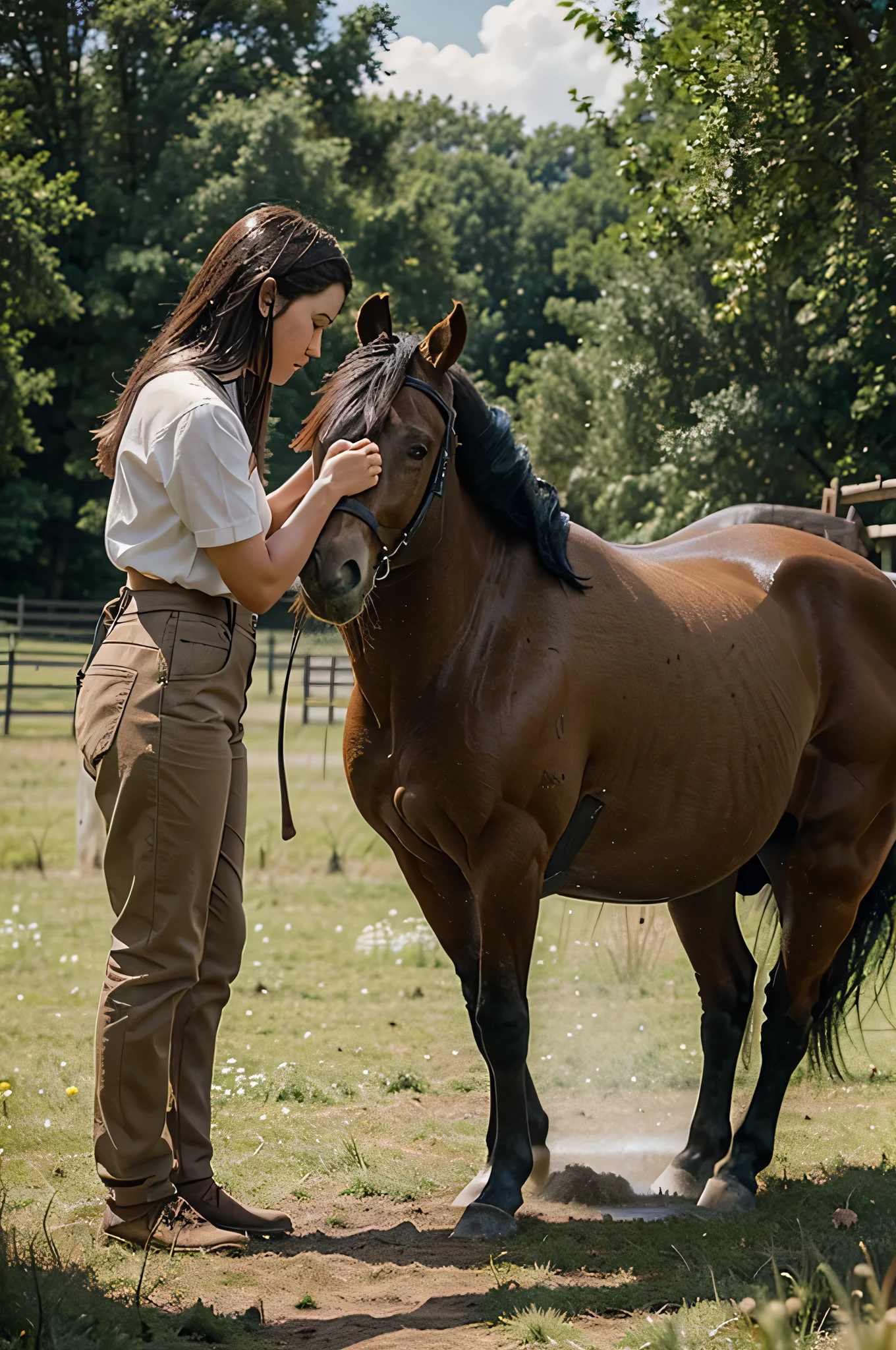 Create a picture of a woman washing a horse in a field with a natural landscape that will look like a real person.