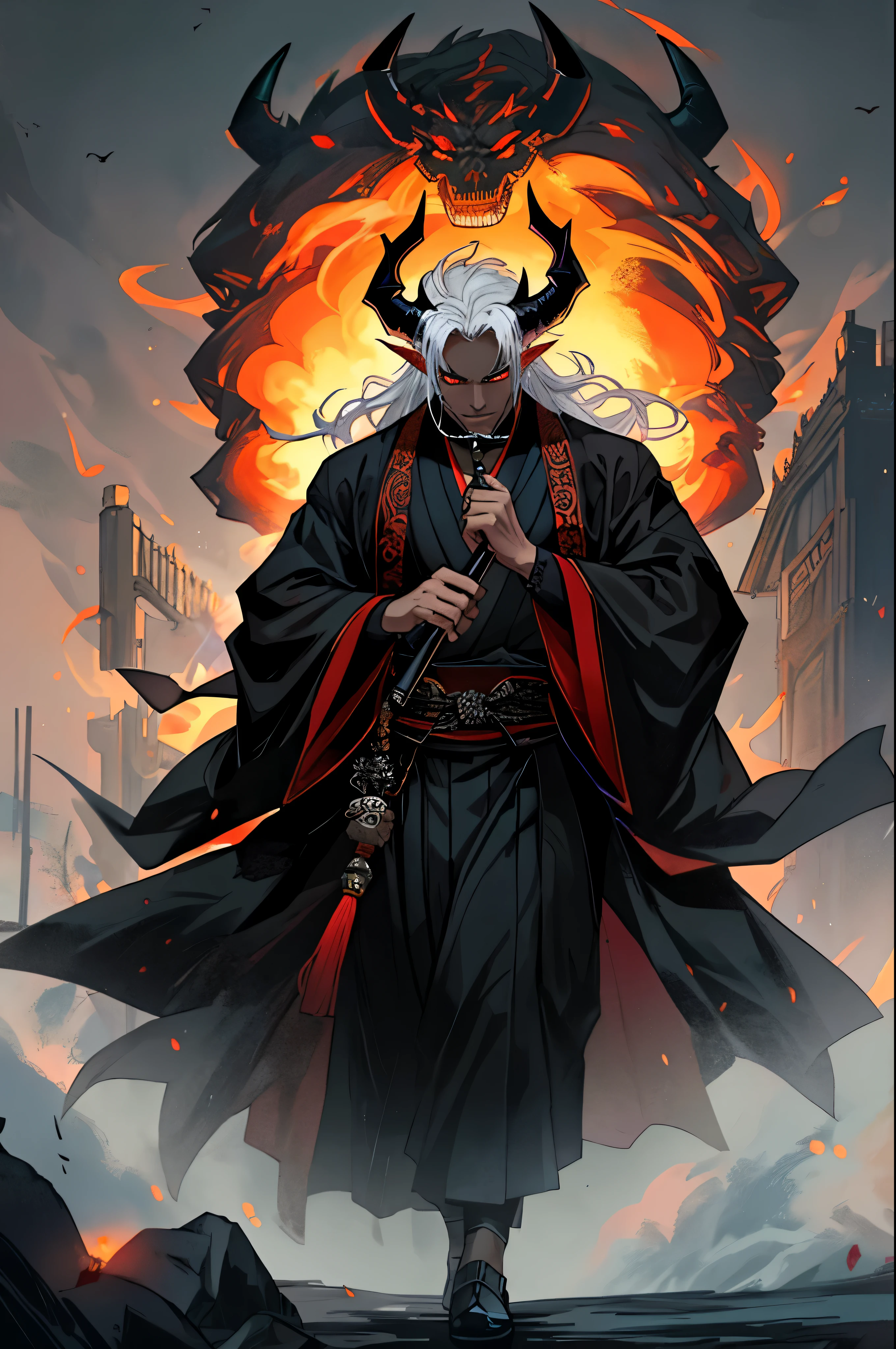 Black devil movie-like still image, looks like a Japanese demon, Has smoldering eyes and long black horns. he wears voluminous black clothes, Flowing robes with intricate designs, wide-brimmed hat decorated with a skull. in one hand, he is holding a long smoking pipe, The tip glows eerily against a dim background. The devil&#39;s expression is one of high concentration., His piercing gaze was fixed on an invisible target.. The atmosphere is full of mystery and danger, Heavy air with the smell of burnt sulfur.
