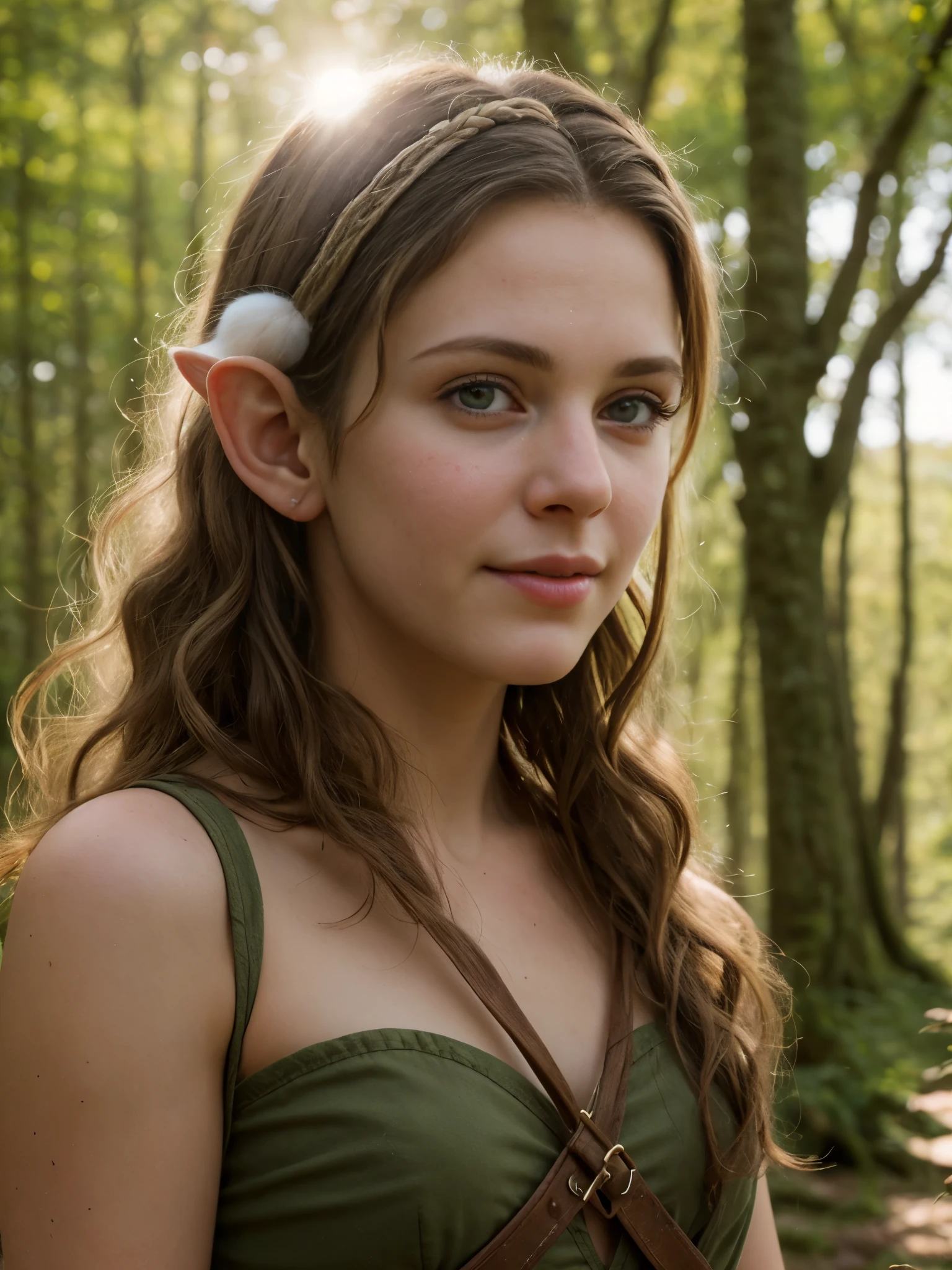 (Realistic:1.4), 18 years old elf archer in the forest, pale curly disheveled hair, delicate features of a thin face, cute sexy, Fantasy style , 8K, proffesional photography, Hi-Def, lifelike skin, Without cosmetics, Incredibly fair skin, background of the Middle Ages, Rocky Creek, The sun shines its rays through the treetops, bokeh