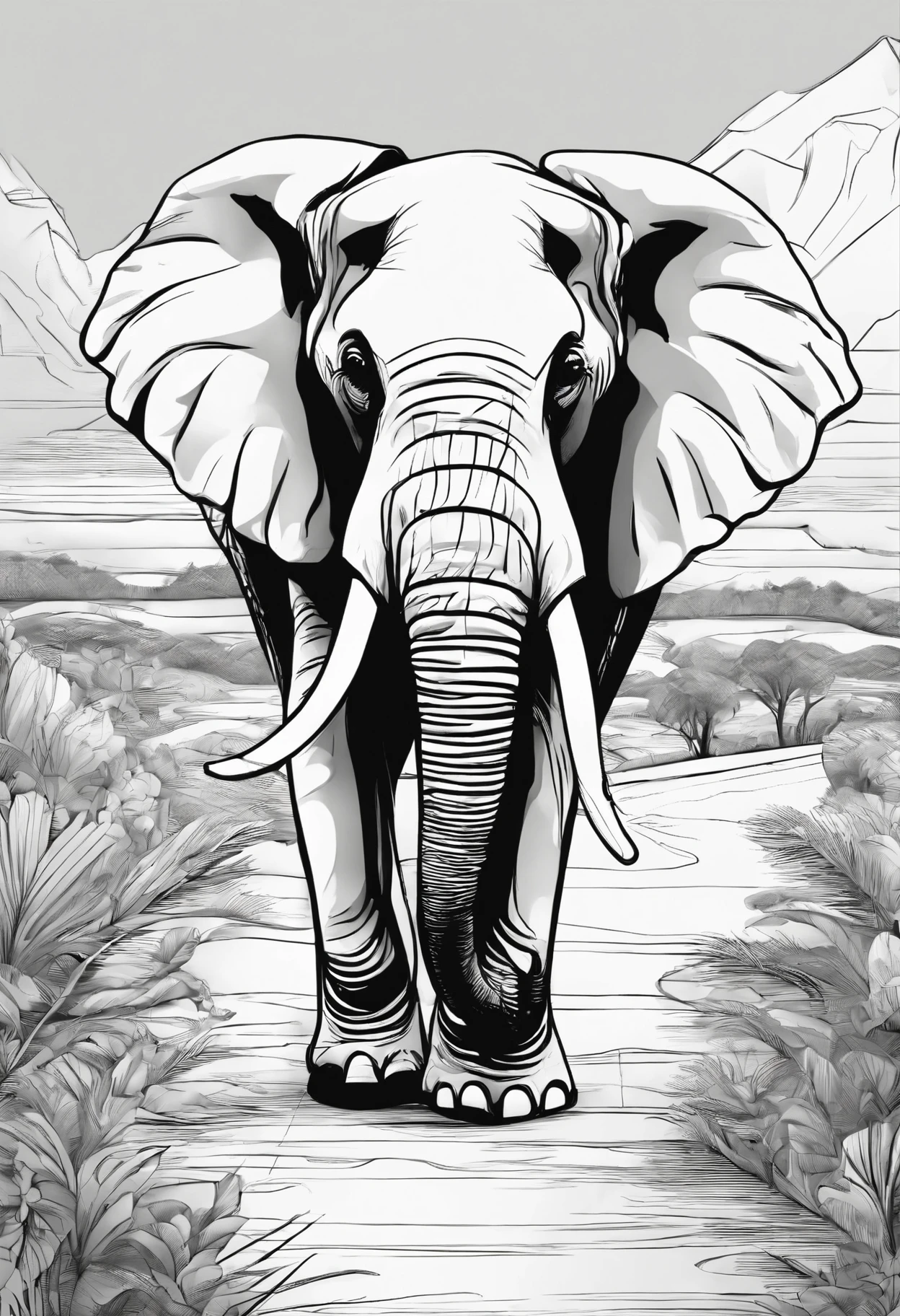 an elephant walking in a pathway, line art, cartoon character, 3d style, high quality, coloring book, hand-draw, line art