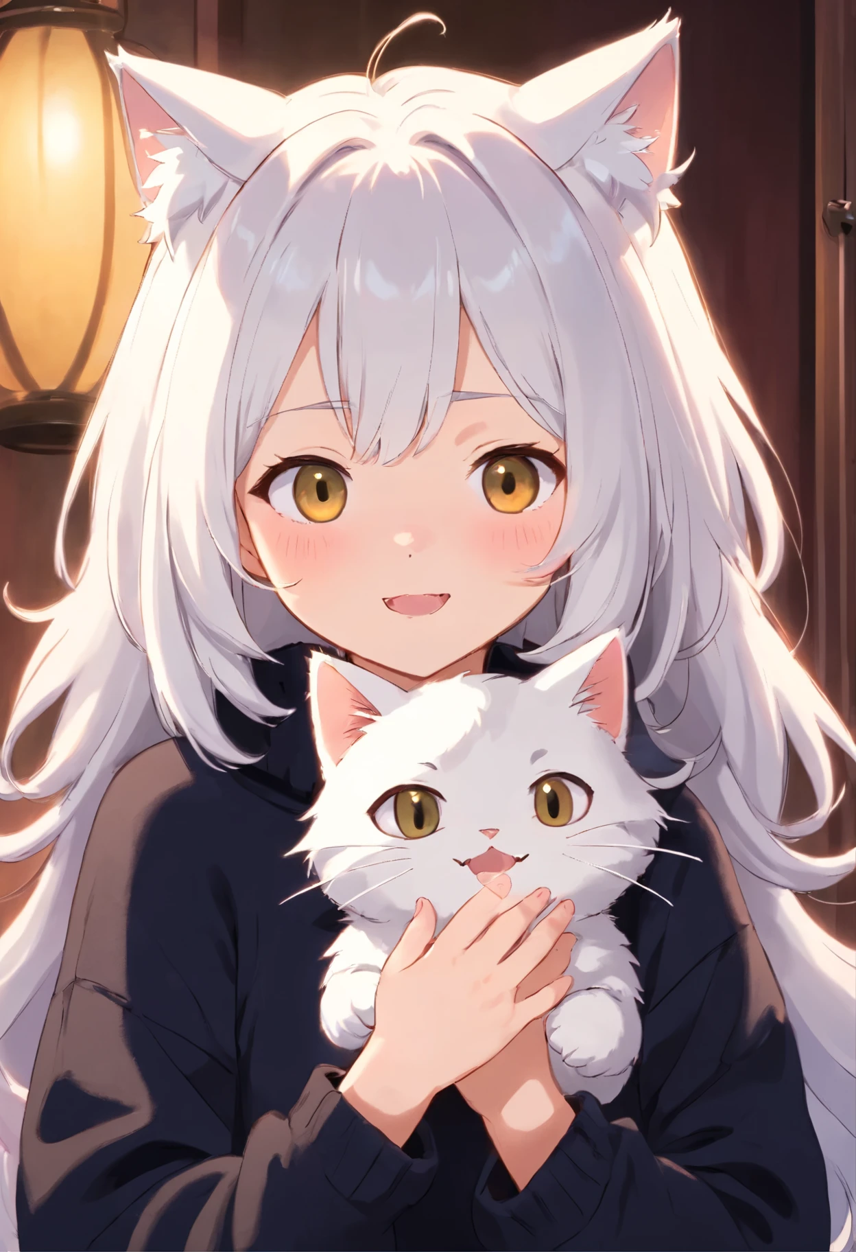 Soft, cute adult neko with puffy white hair wearing a loose fuzzy black sweater, adorable, has cat fangs and a blushy look on her face, OwO