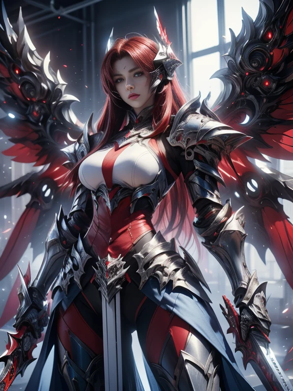 Character design, 1 girl,, slim body, medium chest, skinny waist, ((long deep red hair)). blue eyes. (((blue fantasy a female knight in a blue full armor))), (((big pauldrons, intricate details))), (((large armor wings))), (((advanced weapon fantasy plasma sword in right hand))), (standing), plain gray background, masterpiece, HD high quality, 8K ultra high definition, ultra definition,