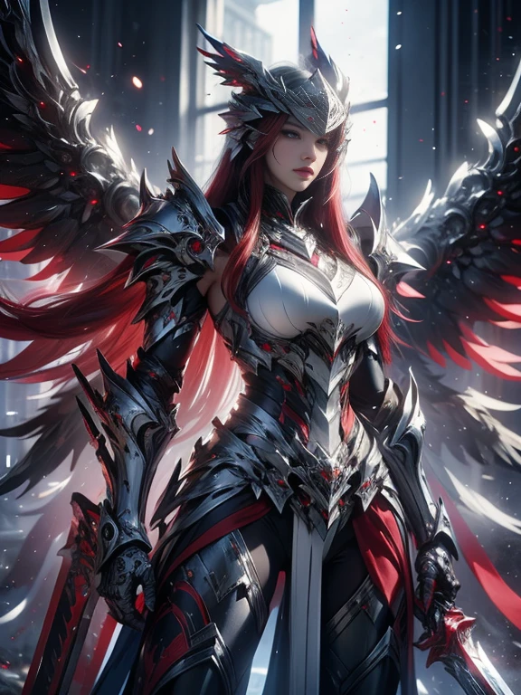 Character design, 1 girl,, slim body, medium chest, skinny waist, ((long deep red hair)). blue eyes. (((blue fantasy a female knight in a blue full armor))), (((big pauldrons, intricate details))), (((large armor wings))), (((advanced weapon fantasy plasma sword in right hand))), (standing), plain gray background, masterpiece, HD high quality, 8K ultra high definition, ultra definition,