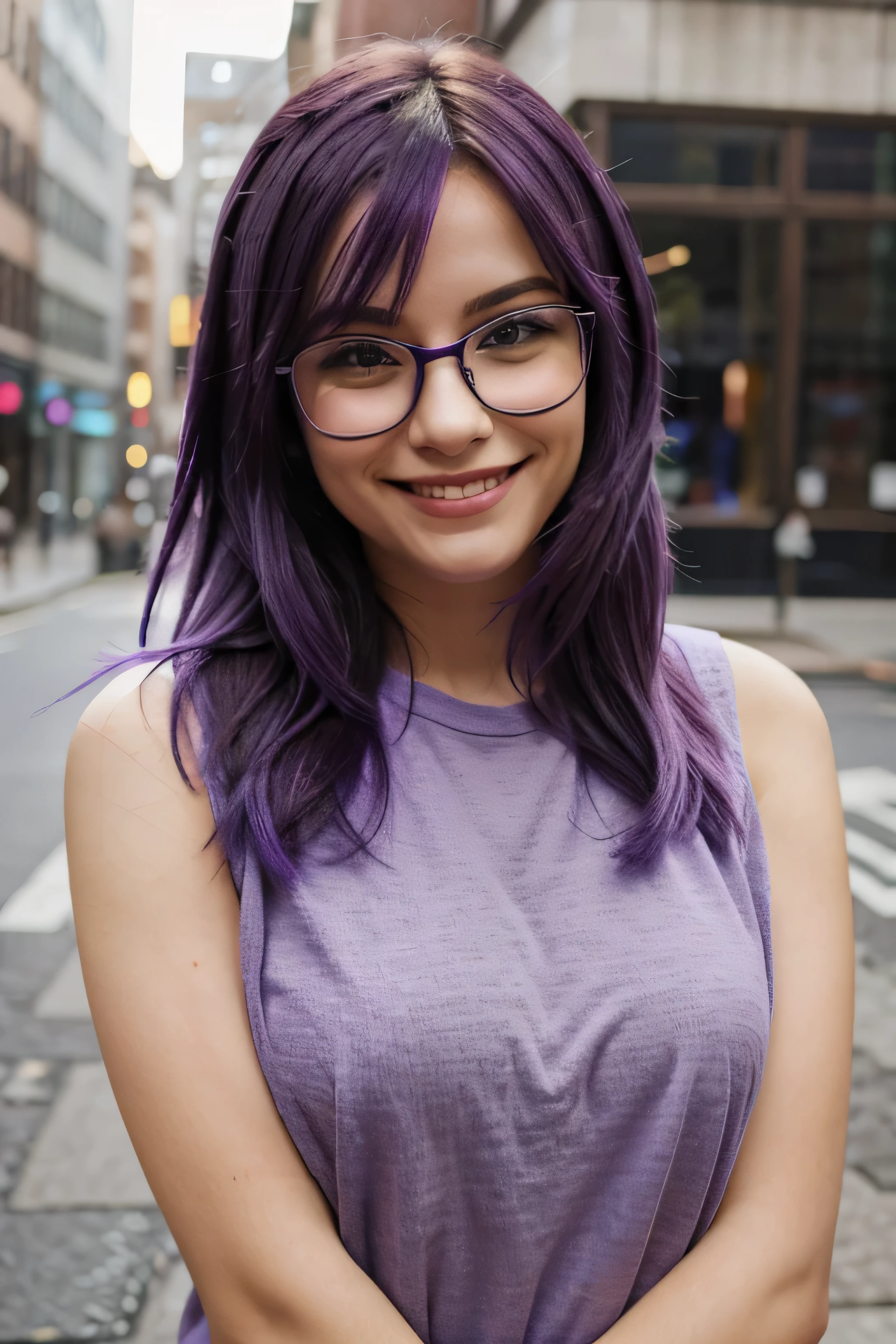 PURPLE HAIR WOMAN SMILING WITH GLASSES