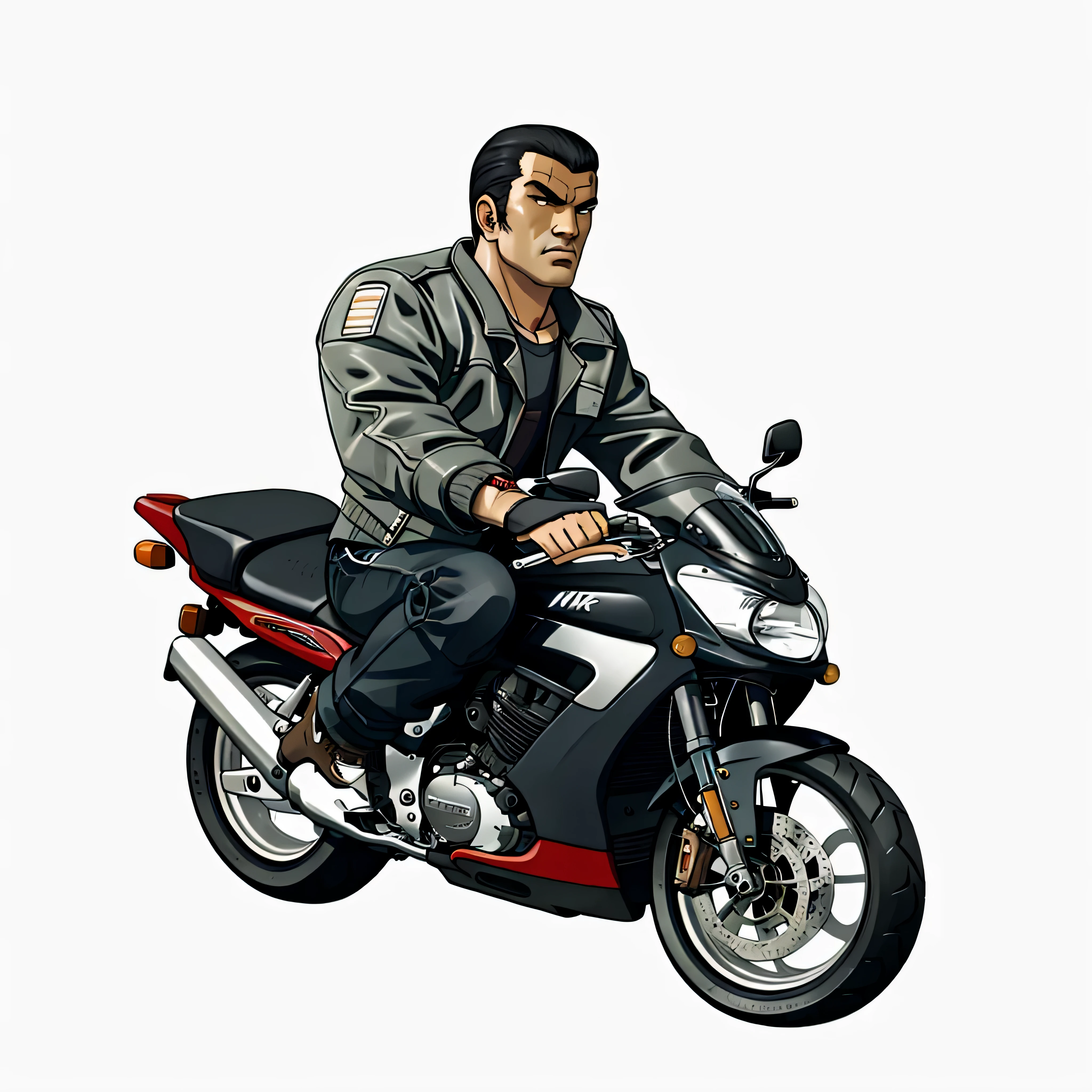 Short hair riding a motorcycle cartoon, a red shirt, a gray coat, Black pants, black leather shoes, Hand holding motorcycle handlebar，《King of Fighters》Character GTA Chinatown Art Style, grand theft auto art style, grand theft auto artstyle, gta character, 2D Game Art GTA Cover, 2D Game Art GTA Cover, grand theft auto art, GTA V art style, motorcyclist, Art Grand Theft Auto V Comics, GTA Vice City style art, 