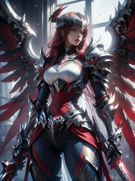 Character design, 1 girl,, slim body, medium chest, skinny waist, ((long deep red hair)). blue eyes. (((blue fantasy a female knight in a blue full armor))), (((big pauldrons, intricate details))), (((large armor wings))), (((advanced weapon fantasy plasma sword in right hand))), (standing), plain gray background, masterpiece, HD high quality, 8K ultra high definition, ultra definition,