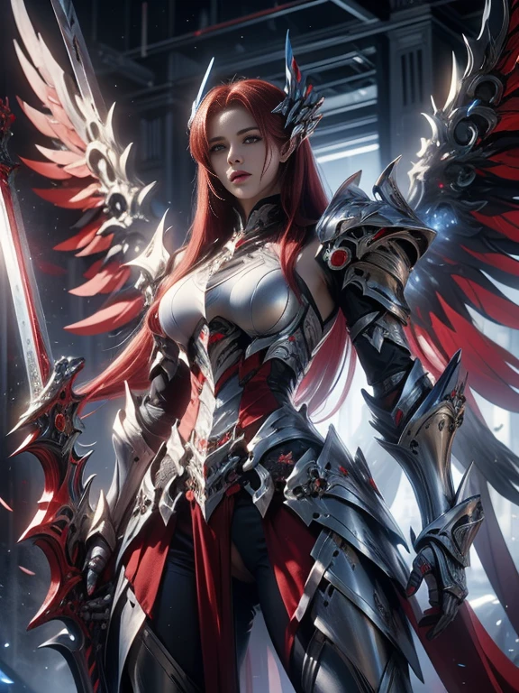 Character design, 1 girl,, slim body, medium chest, skinny waist, ((long deep red hair)). blue eyes. (((blue fantasy a female knight in a blue full armor))), (((big pauldrons, intricate details))), (((large armor wings))), (((advanced weapon fantasy plasma sword in right hand))), (standing), plain gray background, masterpiece, HD high quality, 8K ultra high definition, ultra definition,