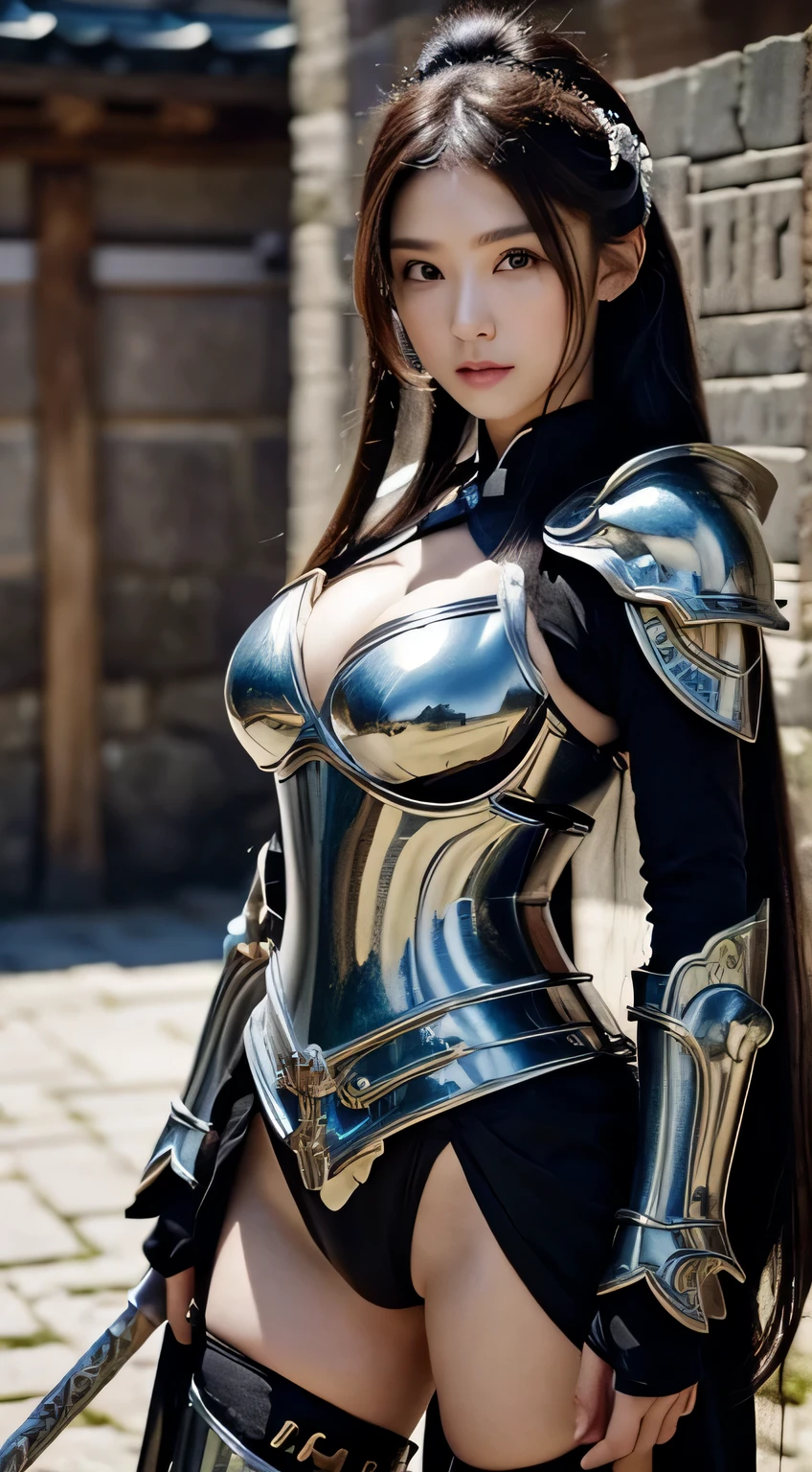 Goddess in full armor, "Ancient Japan" theme, Seductive eyes, cleavage, Full armor, komono ((A MILF)), (((Masterpiece))), ((Best quality)), ((intricately details)), ((Hyperrealistic)), Goddess in perfect shape in armor, Pale skin, (Large of breast), Highly detailed, illustration, 1 man, Perfect hands, Detailed fingers, Beautiful detailed eyes, Black hair, pony-tail hair, (fantasy:1.2), Armor, Detailed background, Ancient Japan castle, Seductive eyes, looking at viewert, From the front,